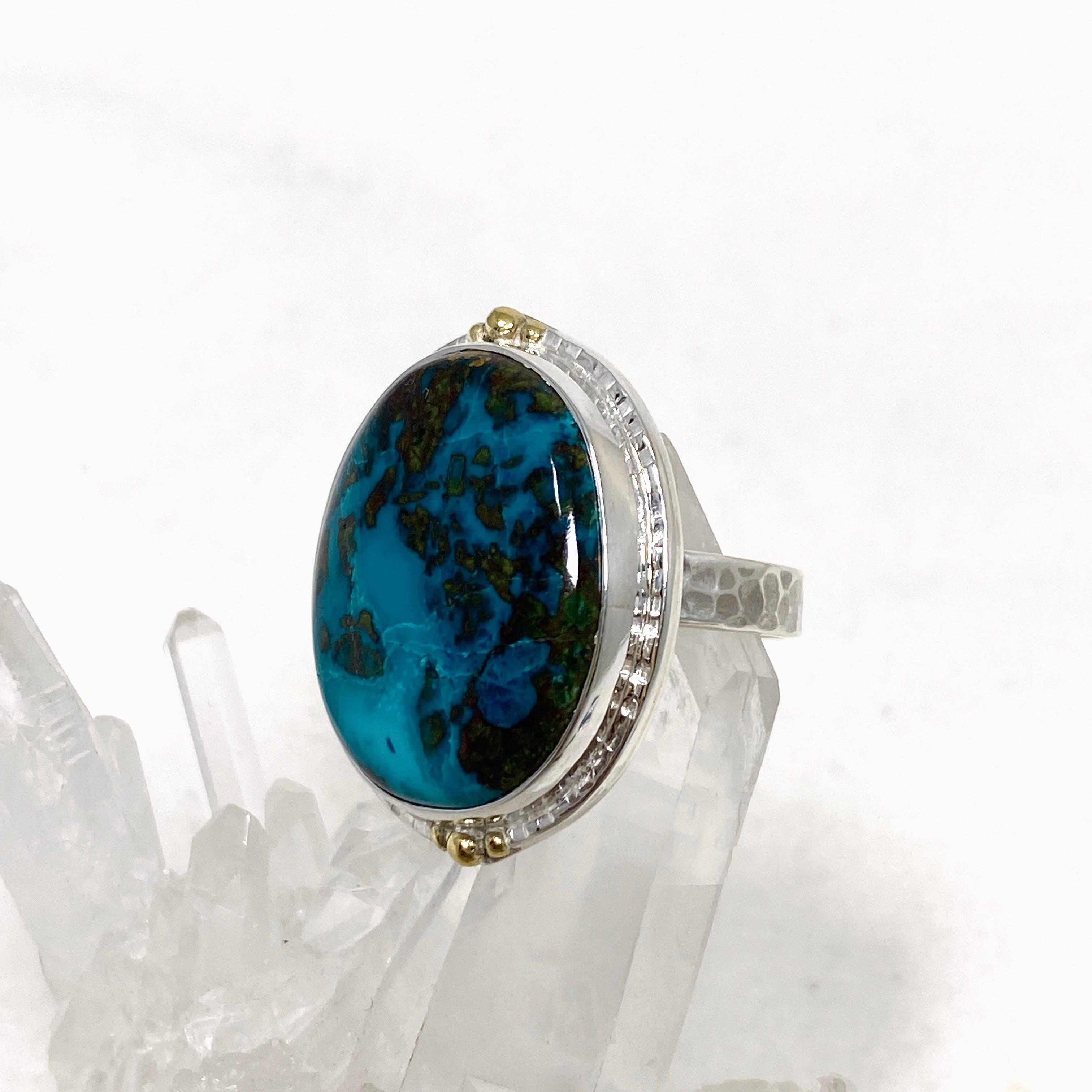 Chrysocolla and Shattuckite Oval Ring with Brass Accents - Size 11 - KRGJ3226 - Perfect for Boho Jewelry Lovers & Spiritual Healing