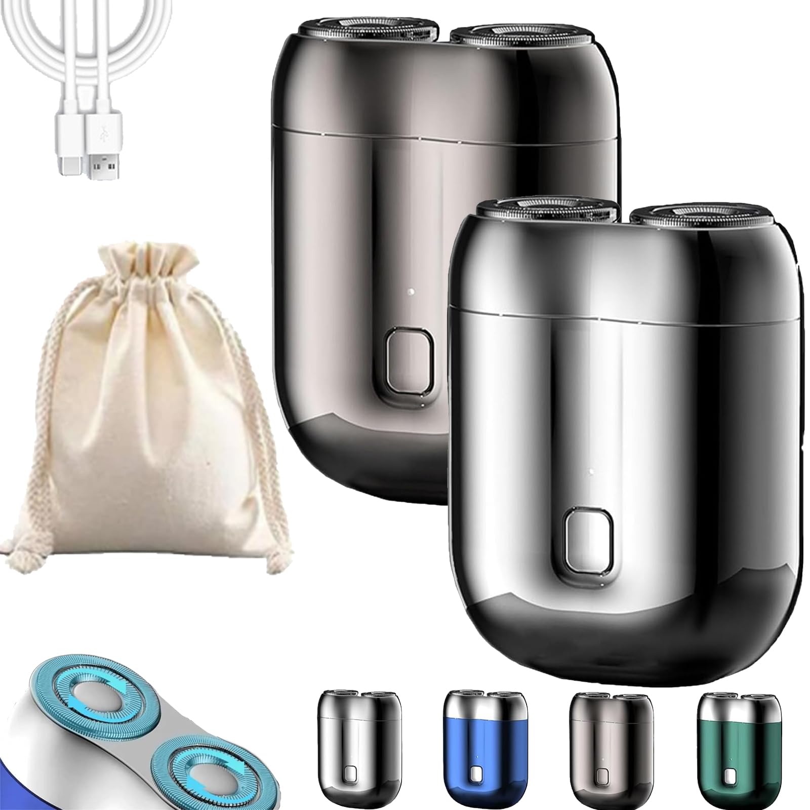 Quatreey Mini Portable Electric Shaver for Men - Dual Head USB Rechargeable Waterproof Travel Razor with 2 Replacement Heads - Perfect for Business Trips, Gym Bags & Daily Grooming