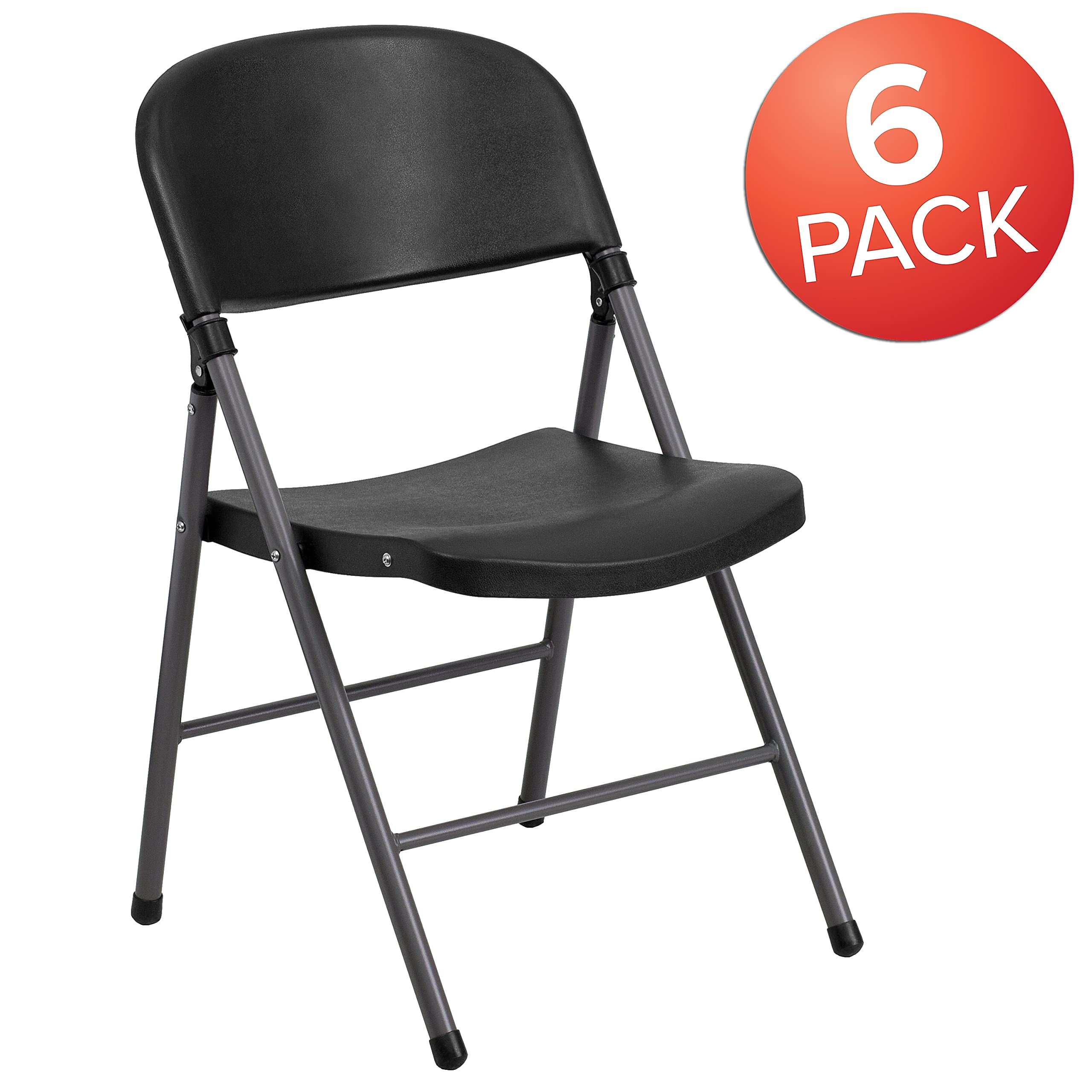 Flash Furniture 6 Pack HERCULES Series 330 lb. Capacity Black Plastic Folding Chairs with Charcoal Frame - Heavy Duty Stackable Chairs for Events, Parties, Weddings & Outdoor Use