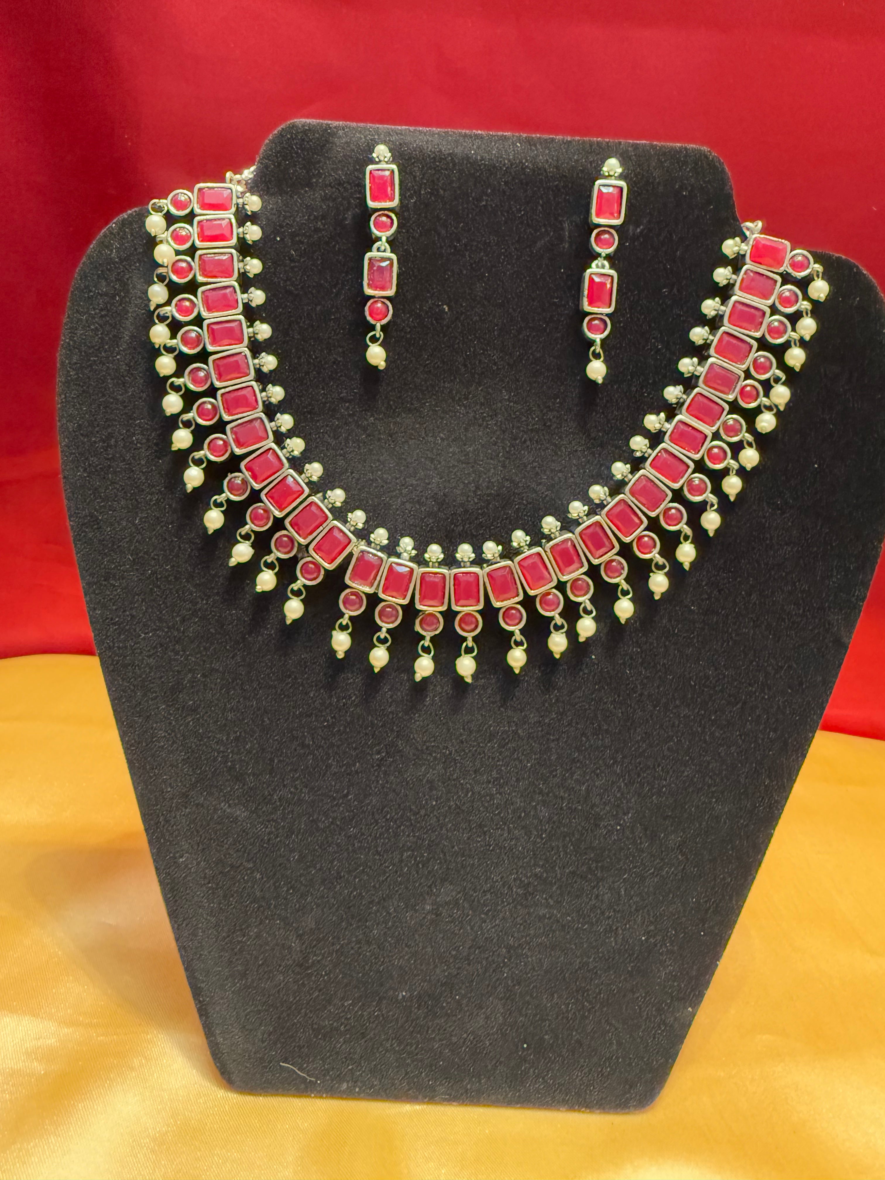 Elegant Pink Oxidized Pearl Drop Necklace and Earrings Set for Women - Vintage Jewelry Gift for Brides, Party & Special Occasions