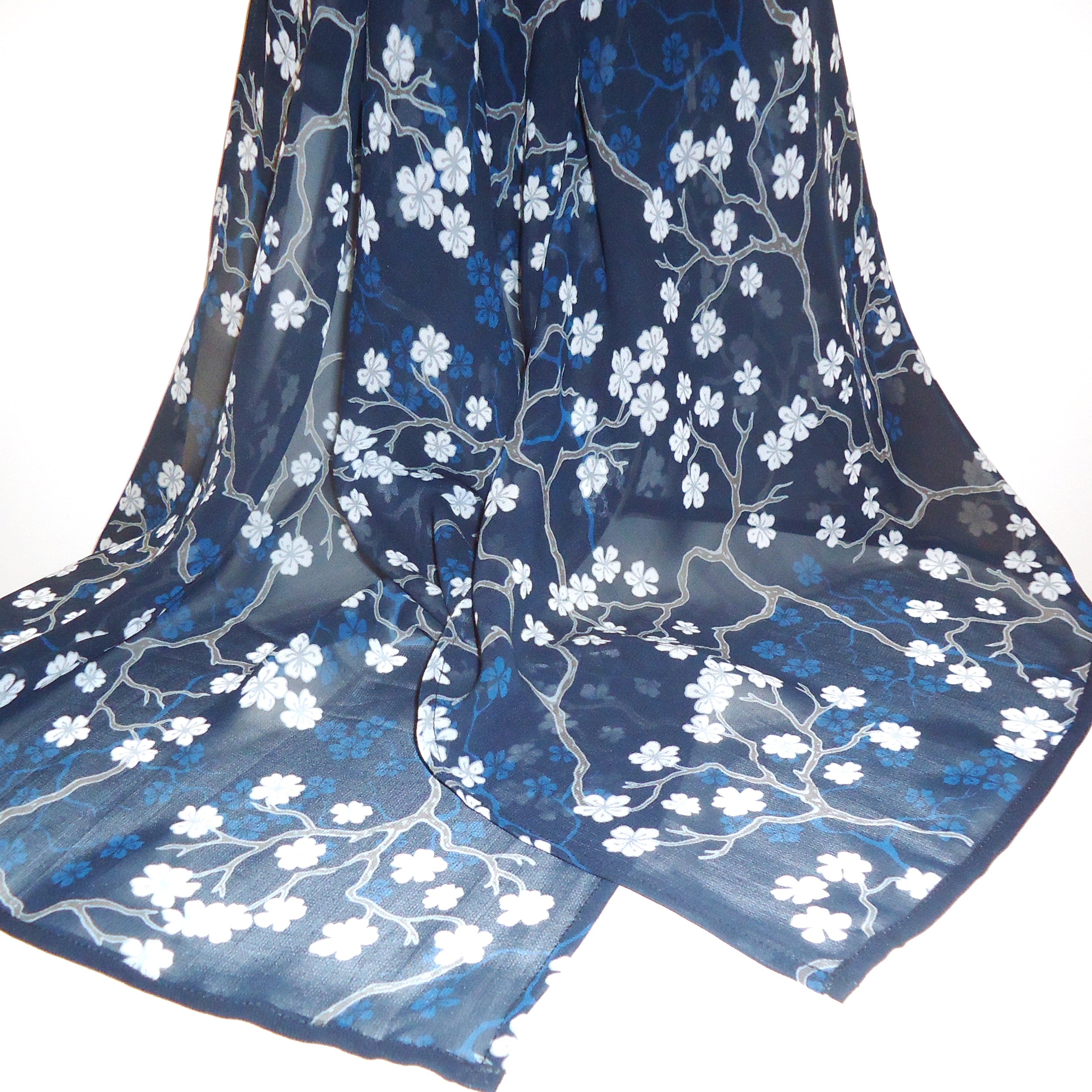 Navy Blue Floral Scarf with White Blossoms - Lightweight Women's Fashion Accessory for Spring Outfits & Office Wear