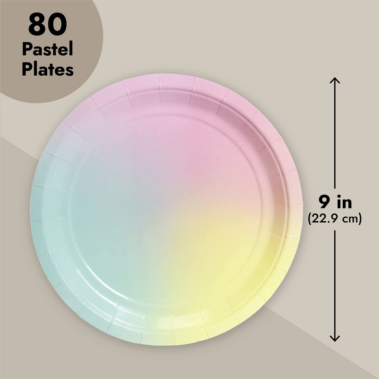 Pastel Rainbow Party Supplies - 80 Pack of 9 Inch Disposable Paper Plates for Birthday, Baby Shower & Bridal Shower Decorations