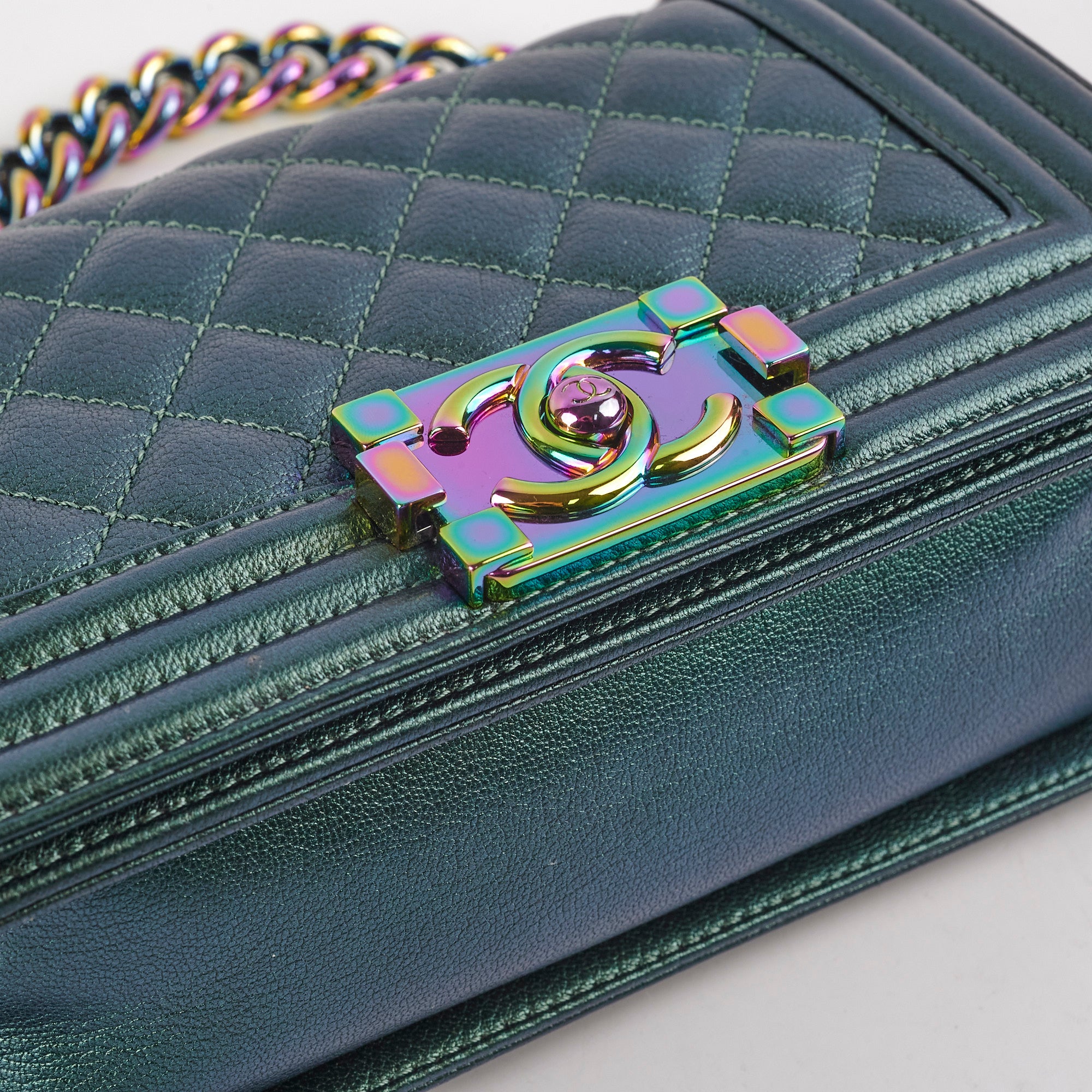Chanel Small Iridescent Green Goatskin Boy Bag - Luxury Crossbody Purse for Women | Perfect for Evening Parties, Date Nights & Special Occasions