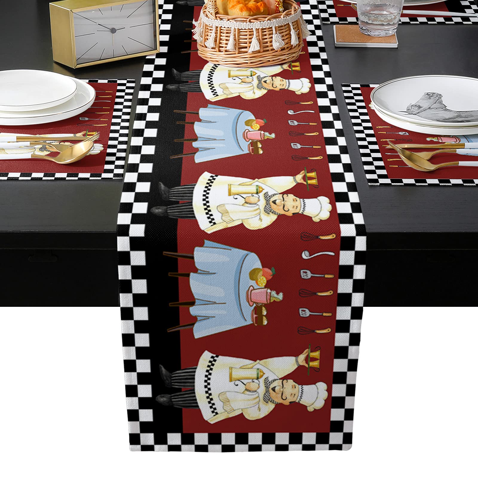 Farmhouse Linen Burlap Table Runner Set - 13x70 Inch Buffalo Plaid Kitchen Decor with 4 Placemats for Wedding, Holiday Parties & Boho Home Decor | Perfect for Dining Tables, Buffets, and Seasonal Entertaining