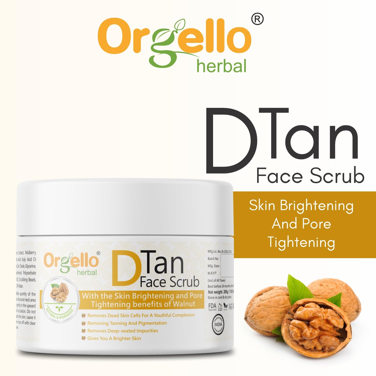 Orgello D-Tan Face Scrub for Men & Women - Natural Tan Removal & Pigmentation Treatment for Oily & Dry Skin | 200g Facial Exfoliator | Perfect for Daily Skincare Routine & Sun-Damaged Skin Repair