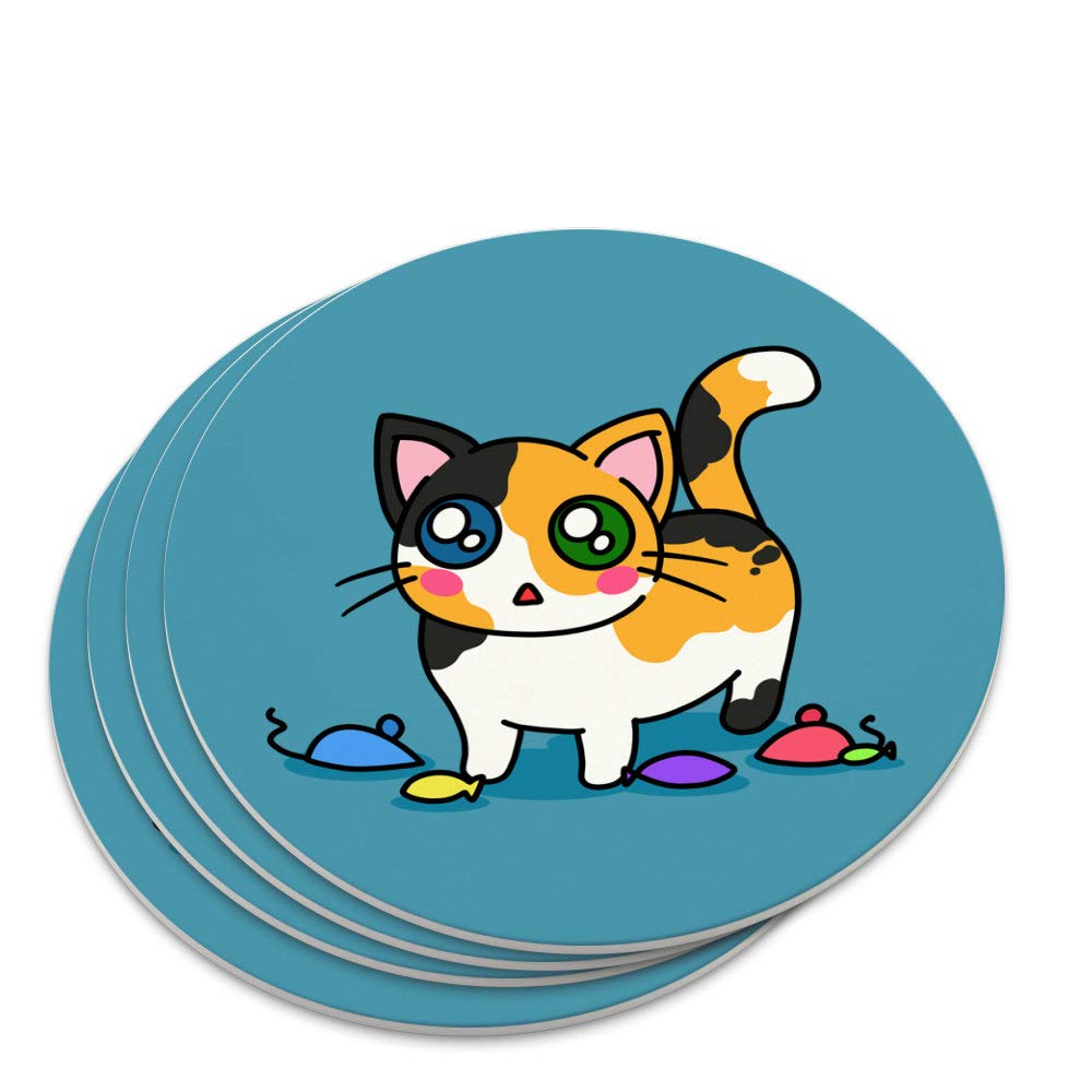 Calico Kitten Coaster Set with Cat Toys - Cute Drink Coasters for Coffee Tables, Home Decor & Cat Lover Gifts