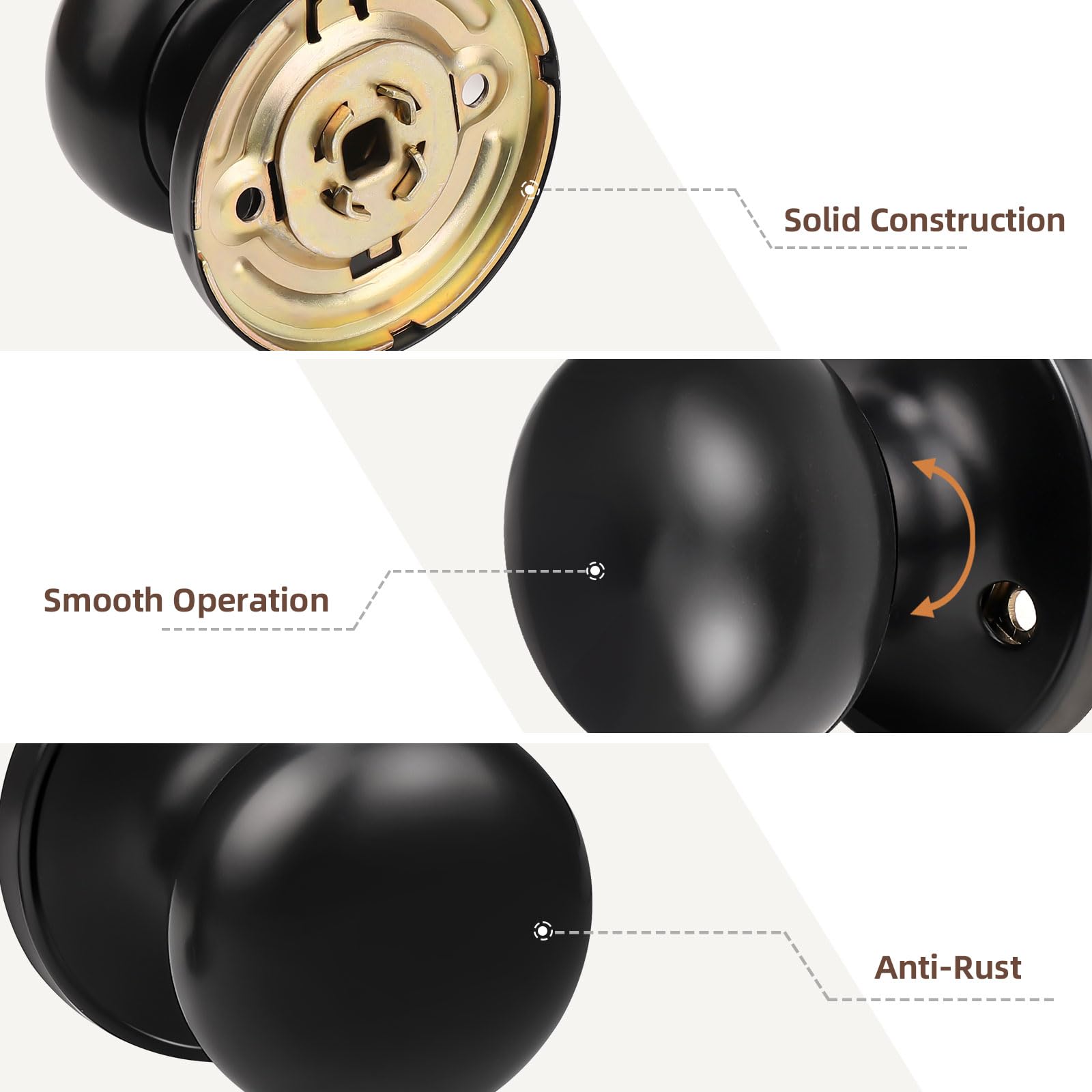 GobeKOR 5-Pack Matte Black Keyless Passage Door Knobs - Interior Closet Door Knobs with Lock, Round Design for Bedroom, Bathroom & Office Use