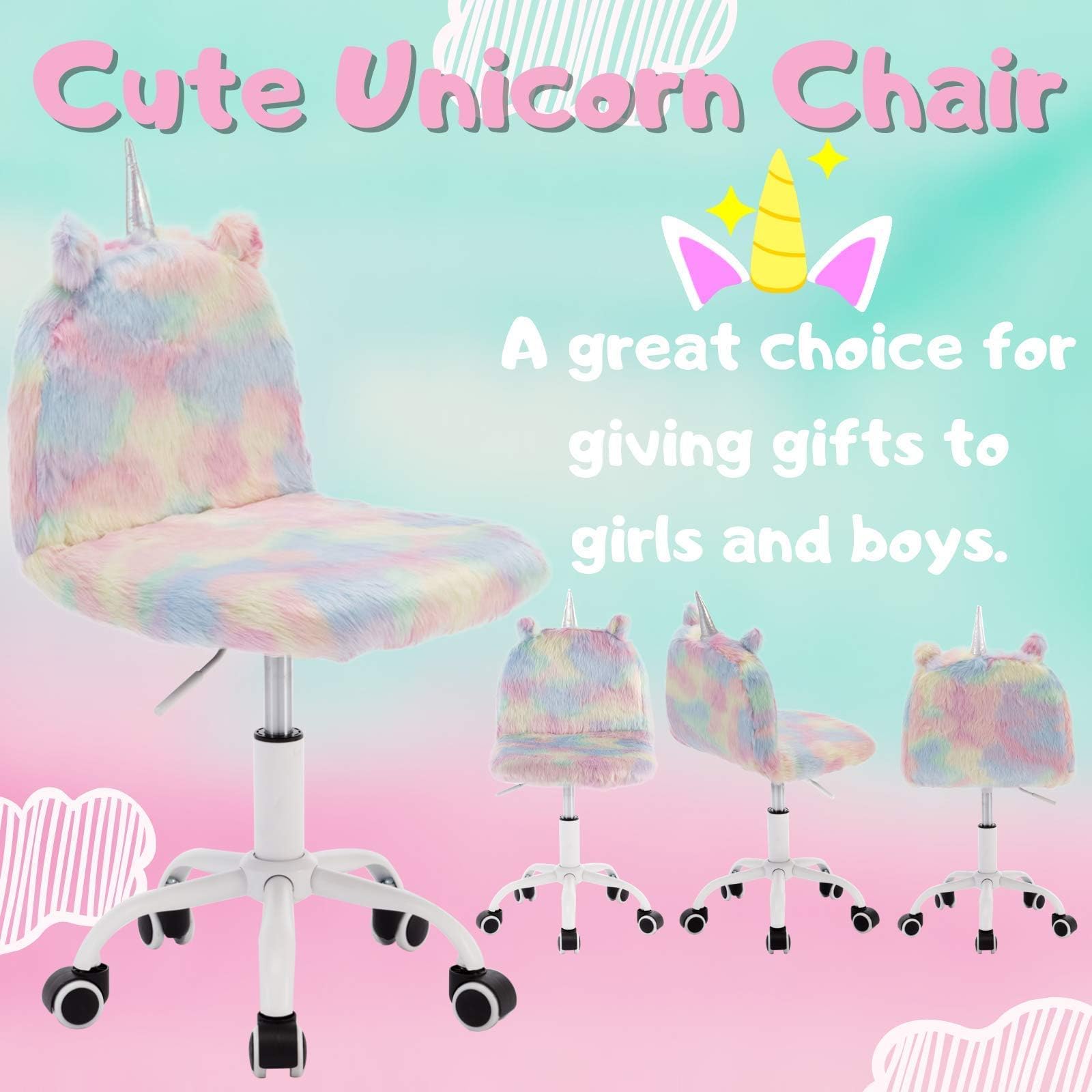 Adorable Unicorn Kids Desk Chair - Soft & Comfy Adjustable Swivel Chair for Girls & Boys with White Base | Perfect for Study, Gaming & Bedroom Decor
