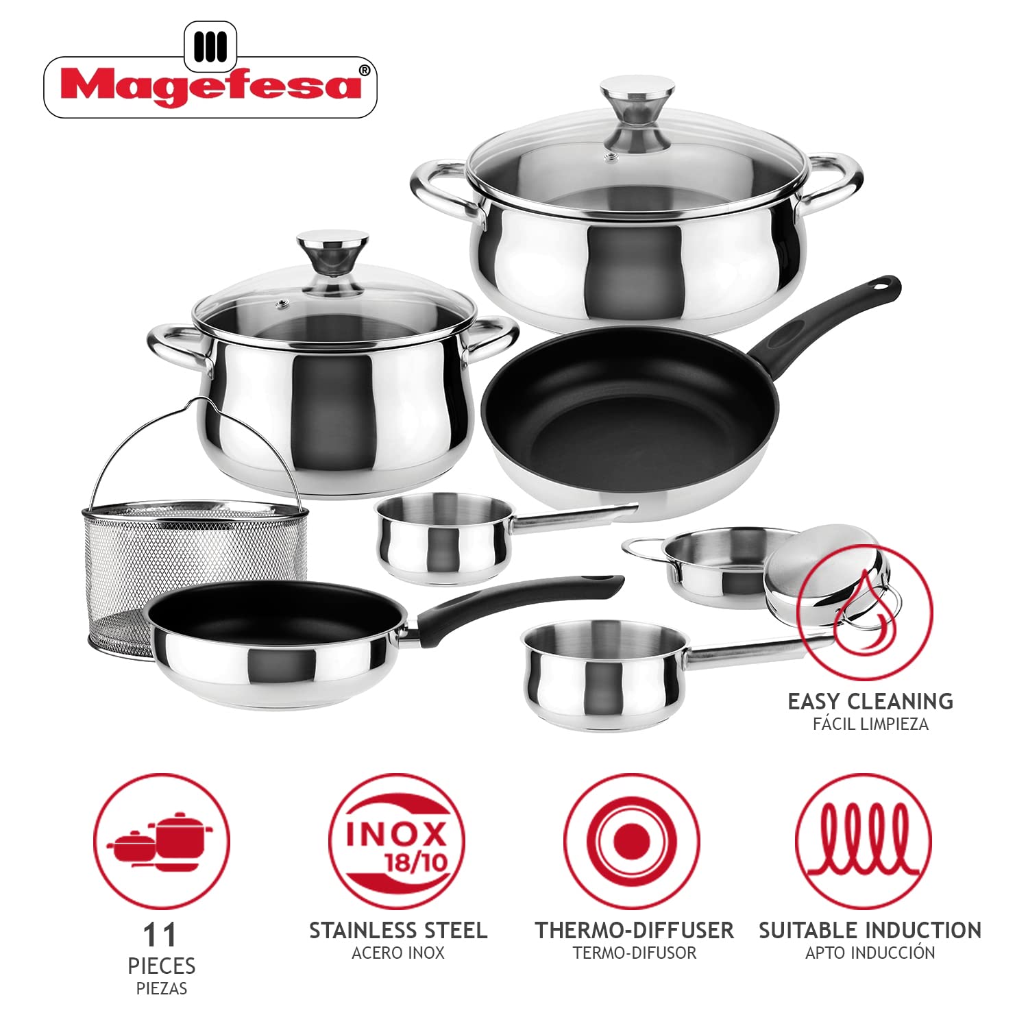 MAGEFESA IDEAL 11-Piece Stainless Steel Cookware Set - 2 Stock Pots, 2 Saucepans, 2 Mini Sauté Pans, 2 Frying Pans with Mesh Strainer - Induction Compatible & Dishwasher Safe - Perfect for Home Cooking, Professional Chefs & Restaurant Use