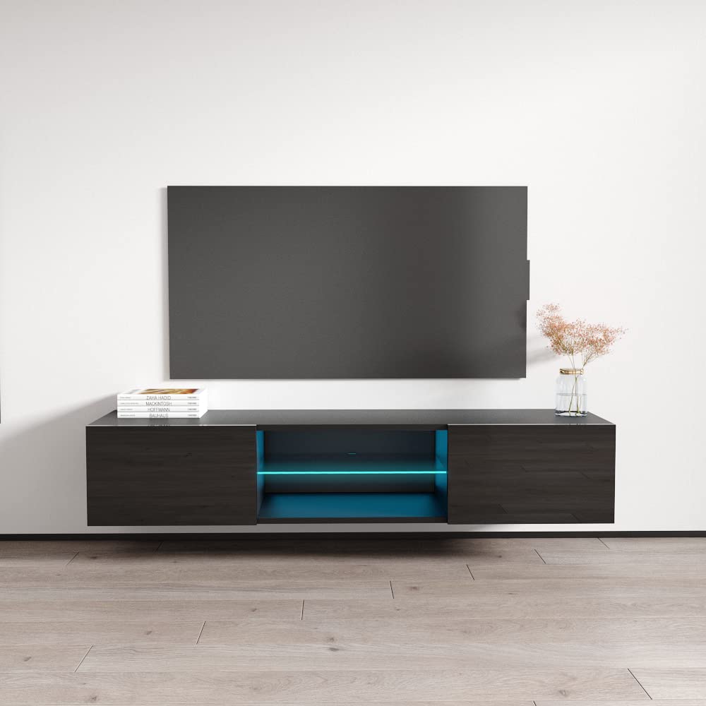 Modern Floating TV Stand with Storage & LED Lights - High Gloss Rectangular Media Console for TVs Up to 70