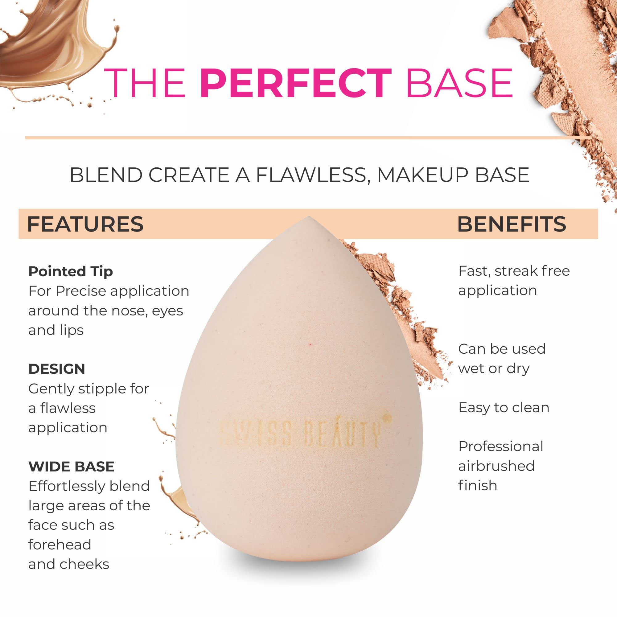 Swiss Beauty Makeup Sponge Blender for Foundation & Concealer | Reusable & Multi-Use Cosmetic Sponge | Shade 02 | Perfect for Liquid & Cream Makeup Application