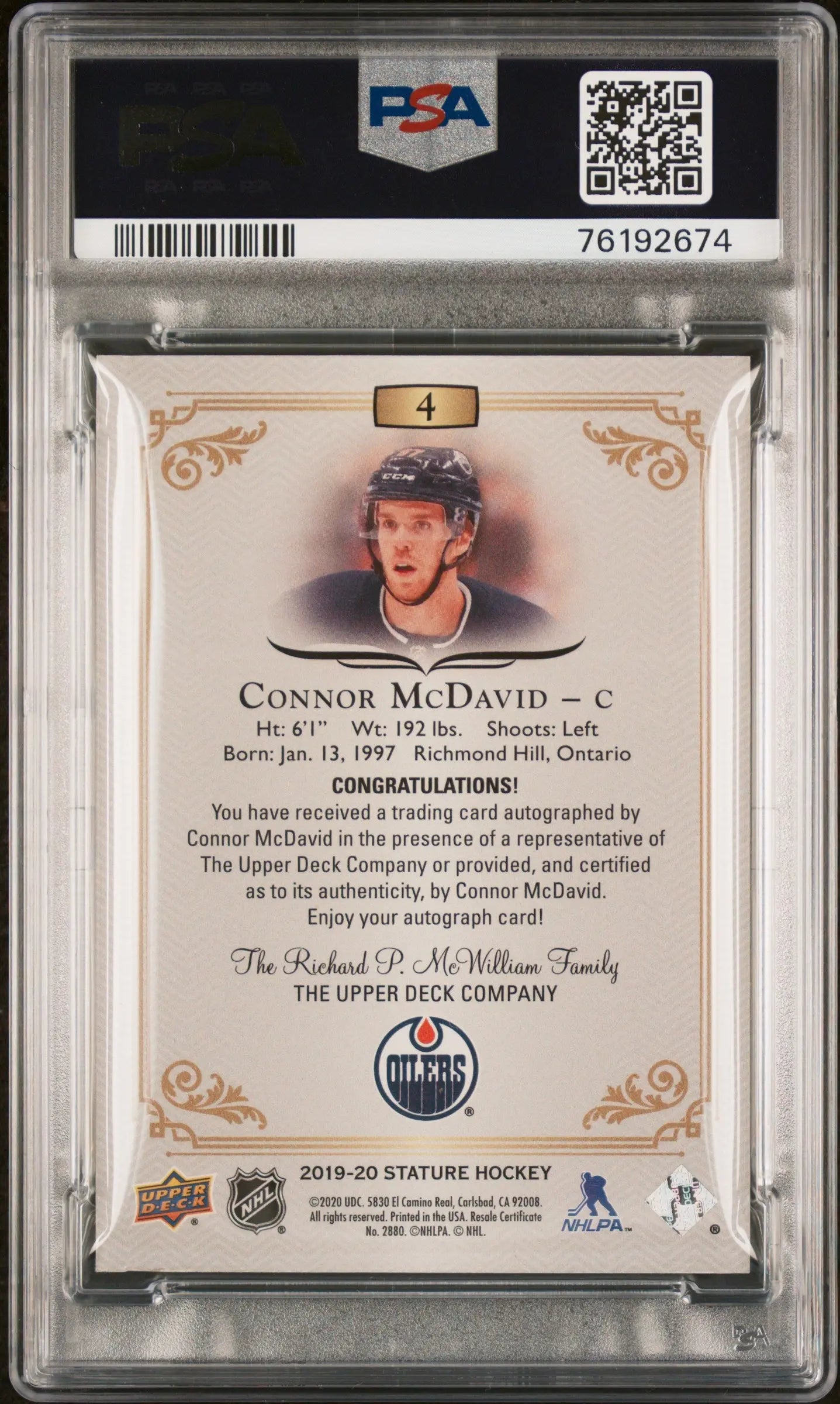 2019 Upper Deck Stature Connor McDavid Auto Autograph Black PSA Authentic 1/1 Hockey Card - Rare Collectible for Sports Memorabilia Fans & Investment