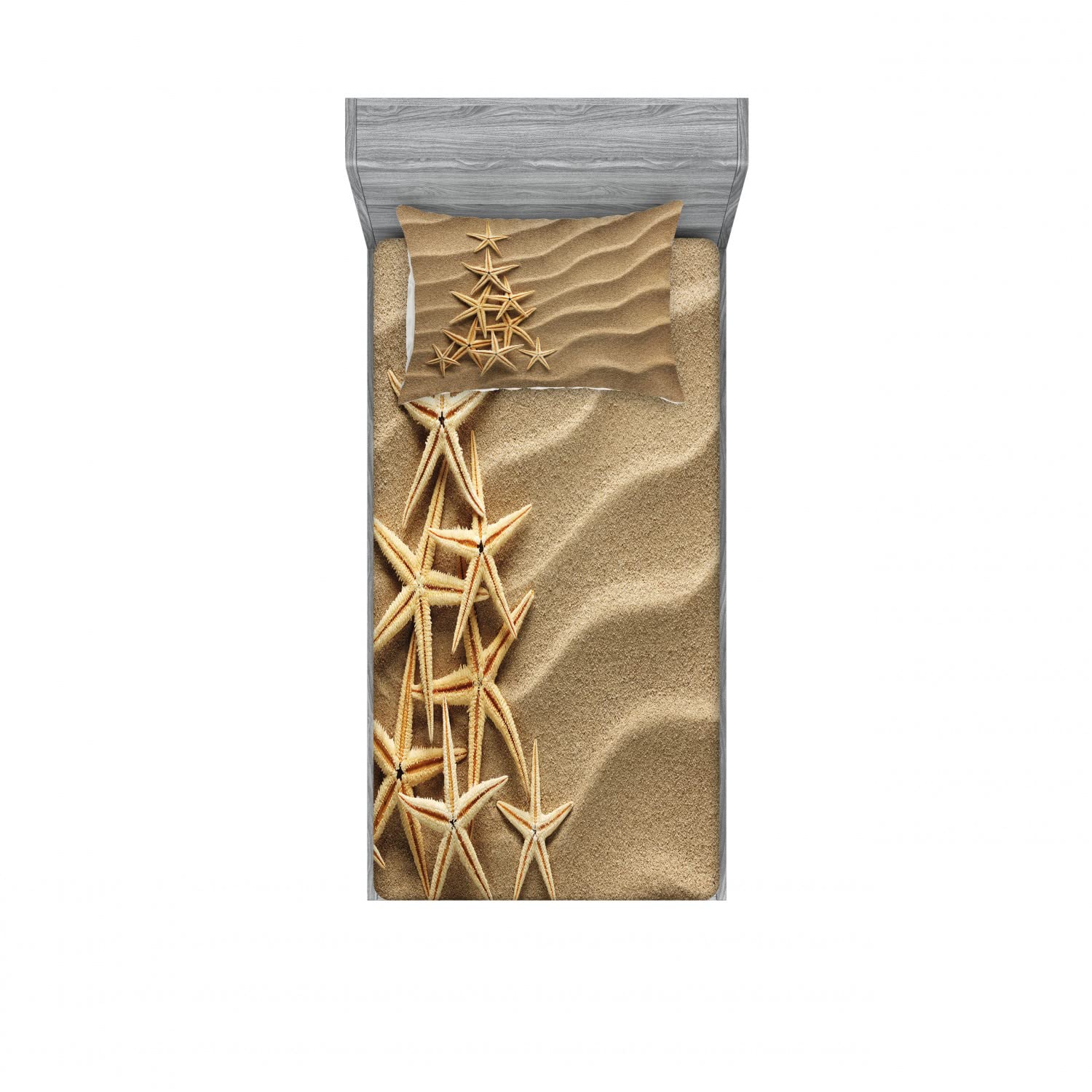 Ambesonne Starfish 2-Pack Twin Fitted Sheet & Pillow Sham Set - Tree from Shells Design, 4-Piece Bedding Decor in Pale Brown | Perfect for Beach House, Guest Room & Coastal Themed Bedrooms