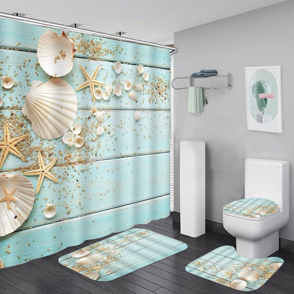 4-Piece Shower Curtain Set - Starfish Seashore Beach Theme with Non-Slip Bath Mat & Toilet Cover | Summer Ocean Decor for Coastal Bathroom