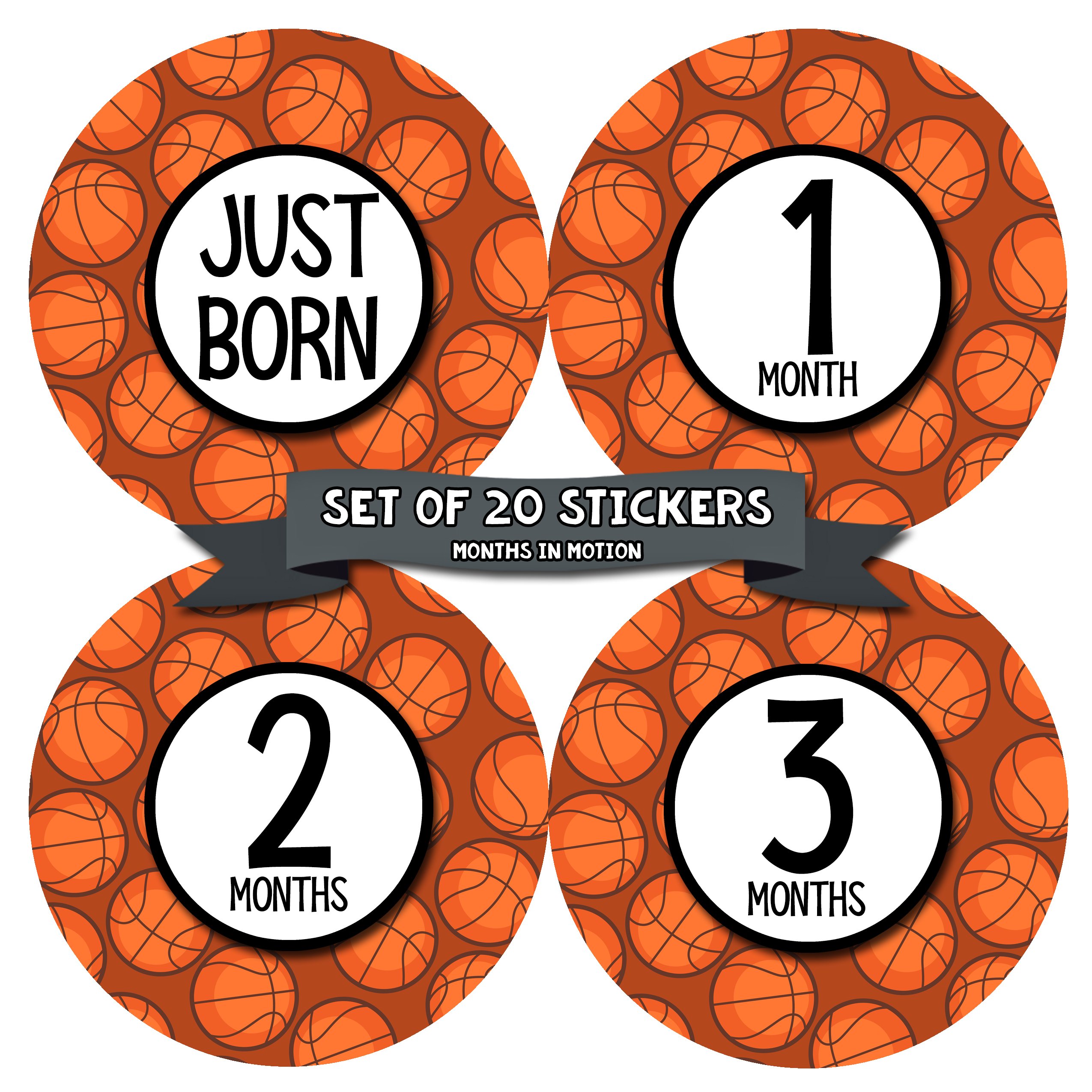 Baby Monthly Milestone Stickers for Boys - Newborn Basketball Theme - Set of 20 Adhesive Photo Props - Perfect for Baby's First Year Photo Shoots, Scrapbooking & Memory Keeping