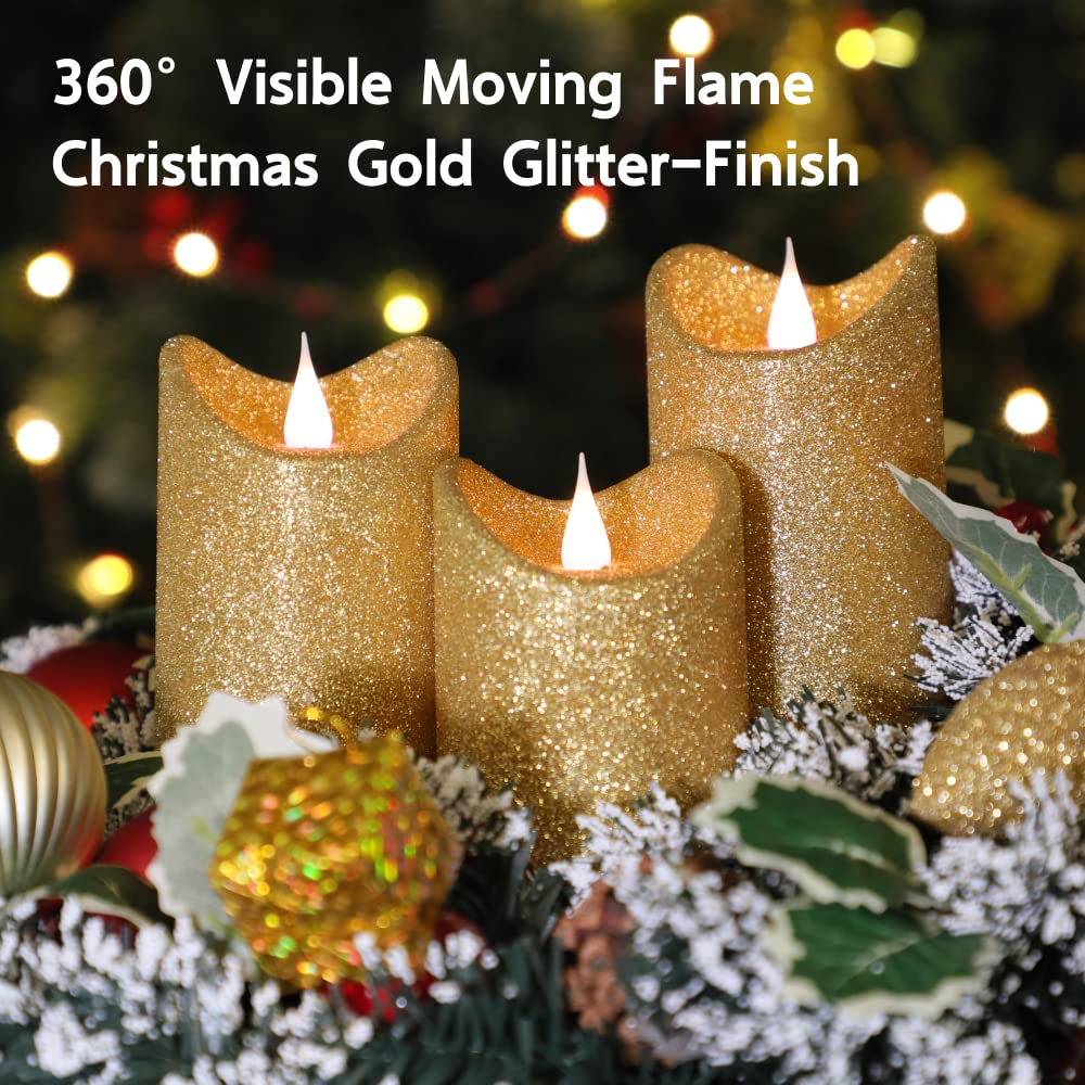 Set of 3 Gold Glitter Flameless LED Candles with Realistic Flame Effect - Battery Operated with Timer & Remote Control - Perfect for Home Decor, Weddings, Parties & Romantic Ambiance