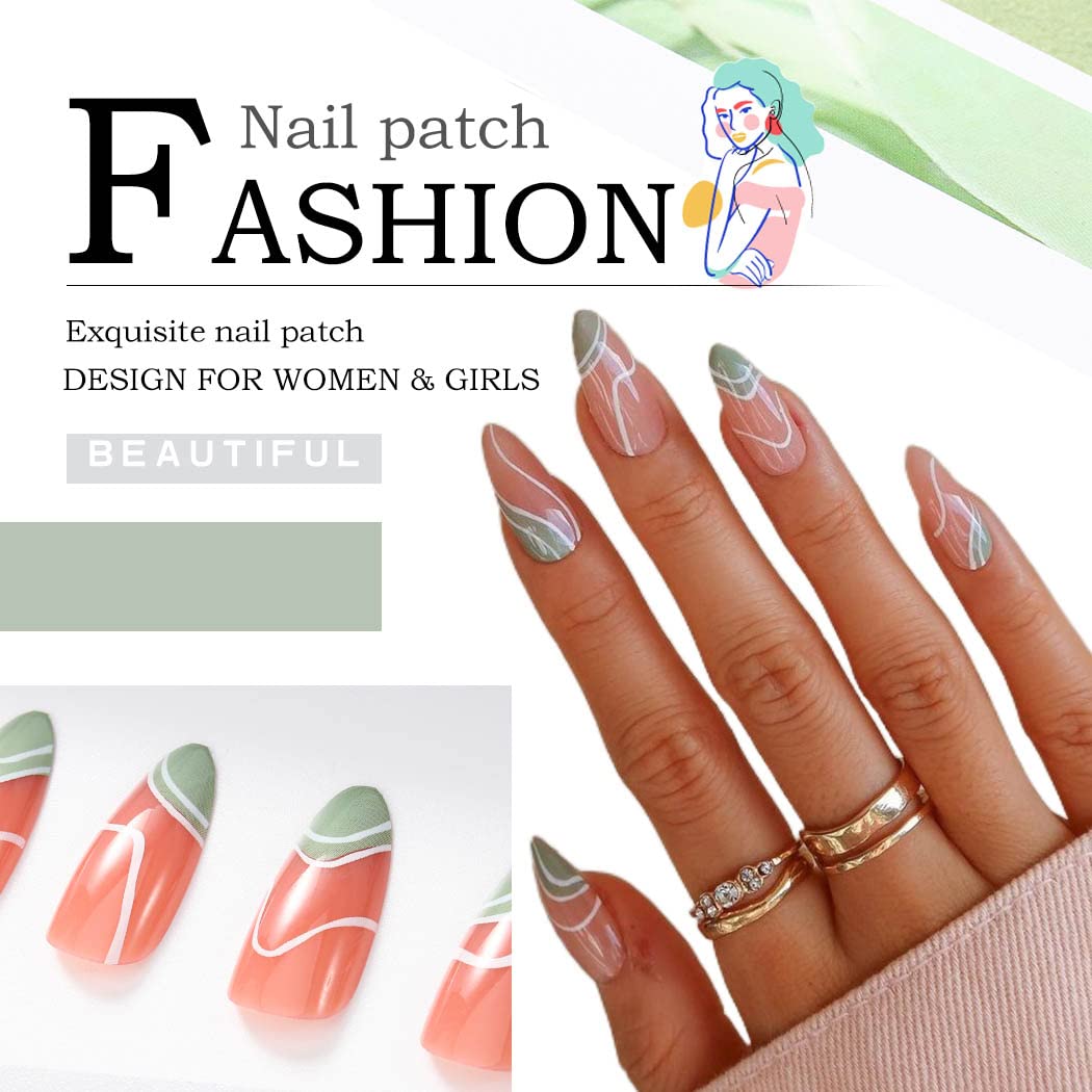 Glossy Almond Press on French Nails - Pink Short Abstract Line Fake Nails with Full Cover - 24Pcs Artificial False Nails Tips for Women and Girls - Perfect for Parties, Weddings, and Daily Wear