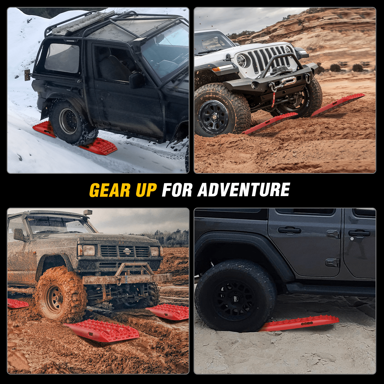 Off Road Recovery Traction Boards for 4WD 4X4 SUV Truck - 2PCS with Mounting Kit, Zipper Bag & 2 Leashes (Red) - Sand Snow Mud Rescue for Jeep Wrangler, ATV, UTV, Overlanding Adventures