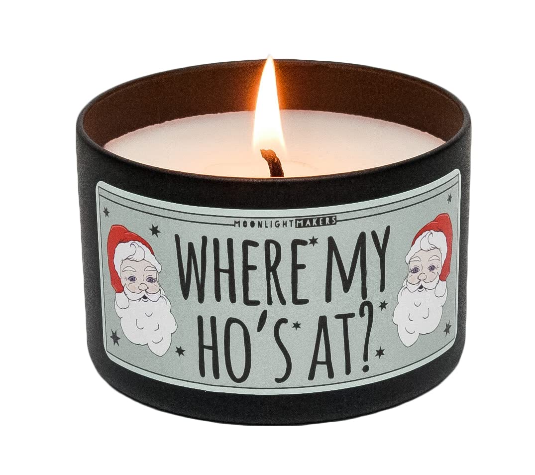 Moonlight Makers 'Where My Ho's At?' Holiday Magic Scented Soy Wax Candle - 8oz Tin, 25+ Hour Burn Time, Handmade Natural Candle for Christmas Gifts, Home Decor & Relaxation
