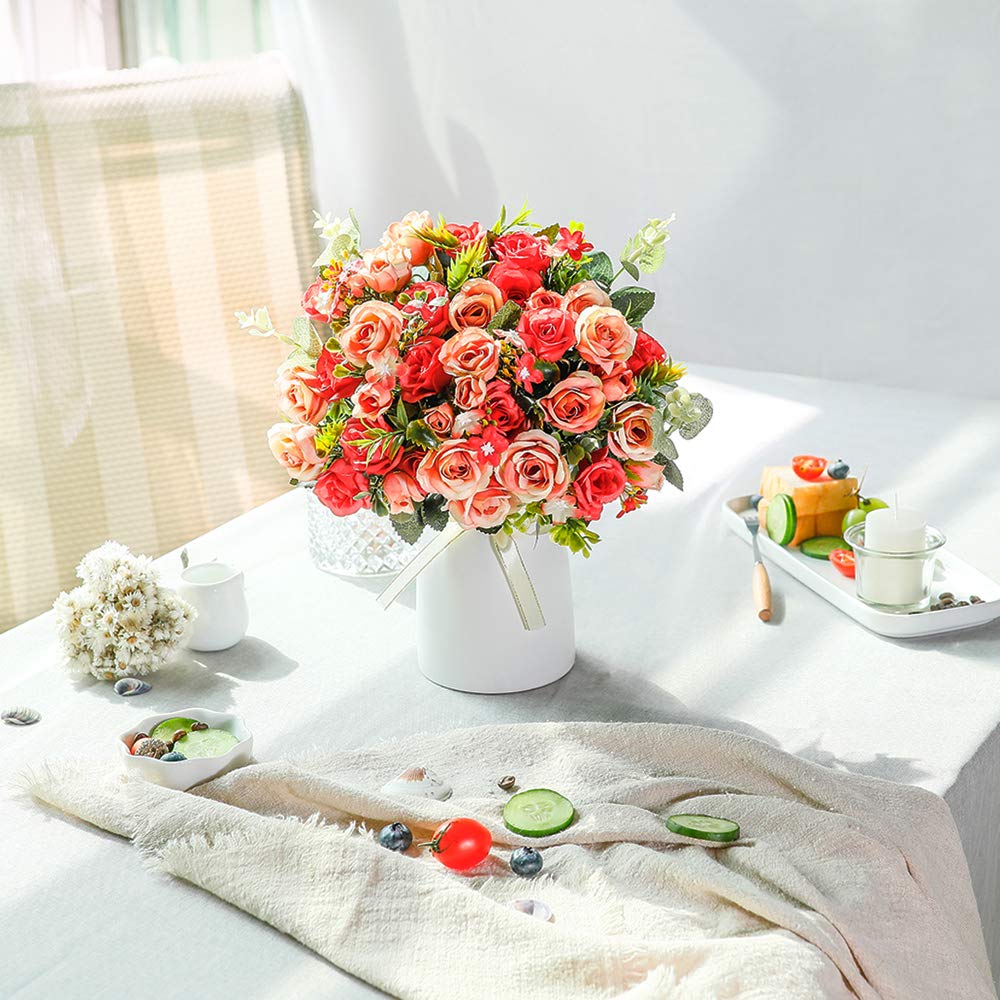 LESING Artificial Silk Rose with Vase - Realistic Fake Flowers for Wedding Bouquets, Home & Office Decor, Party Centerpiece, Table Arrangement (Red) | Perfect for Romantic Events, Home Styling & Gift Giving