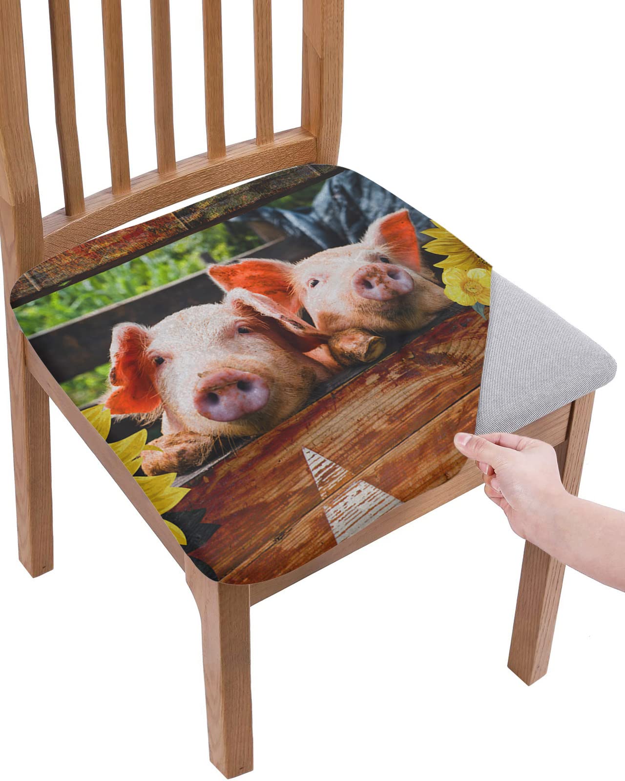 4-Pack Stretch Chair Seat Covers - Sunflower Farmhouse Design, Washable & Removable Slipcovers for Kitchen & Dining Chairs - Vintage Wooden Board Style Seat Protectors for Farmhouse Decor, Parties & Everyday Use