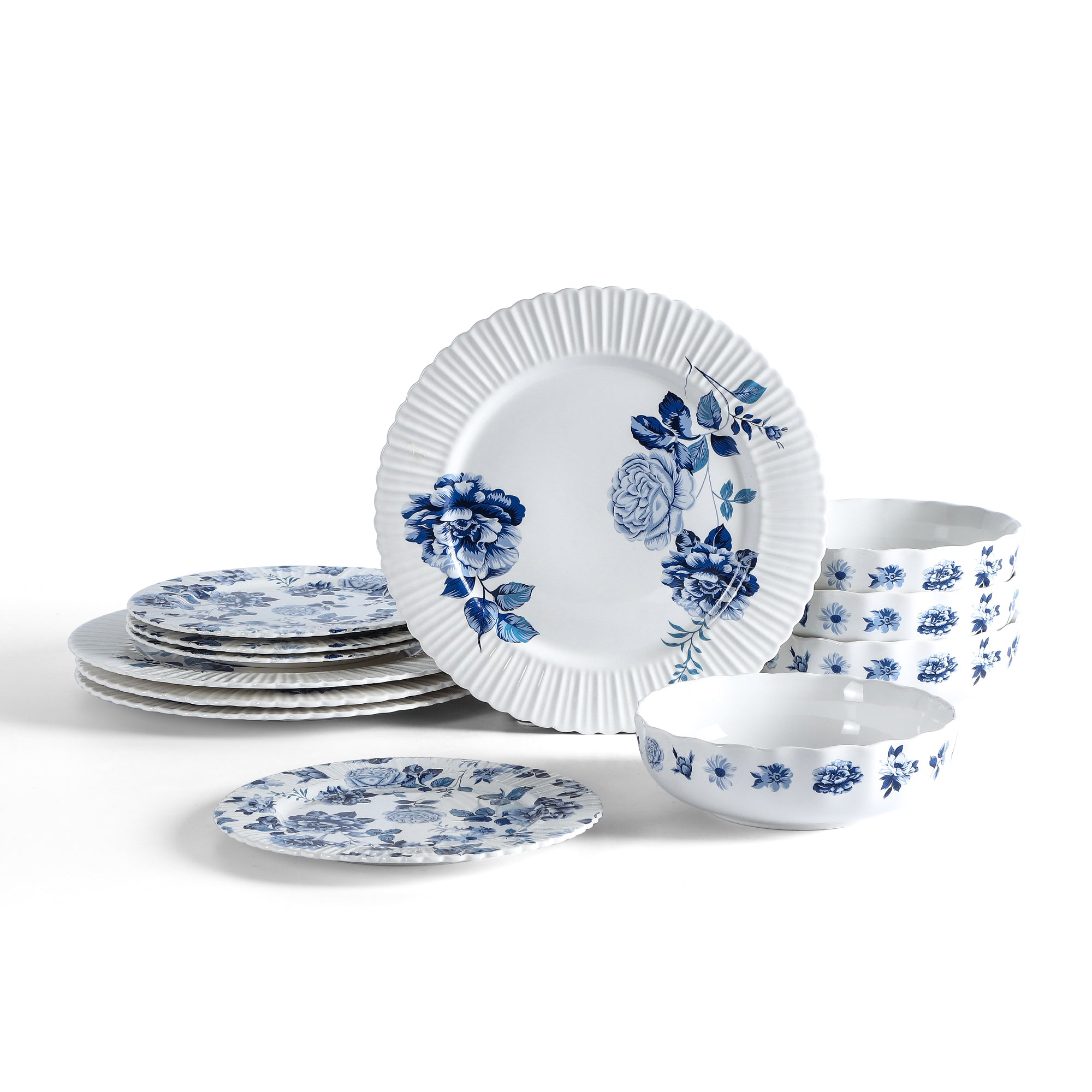 Premium Stone Lain Fiore Bone China 12-Piece Dinnerware Set - Elegant Blue Porcelain Tableware for Formal Dining & Special Occasions