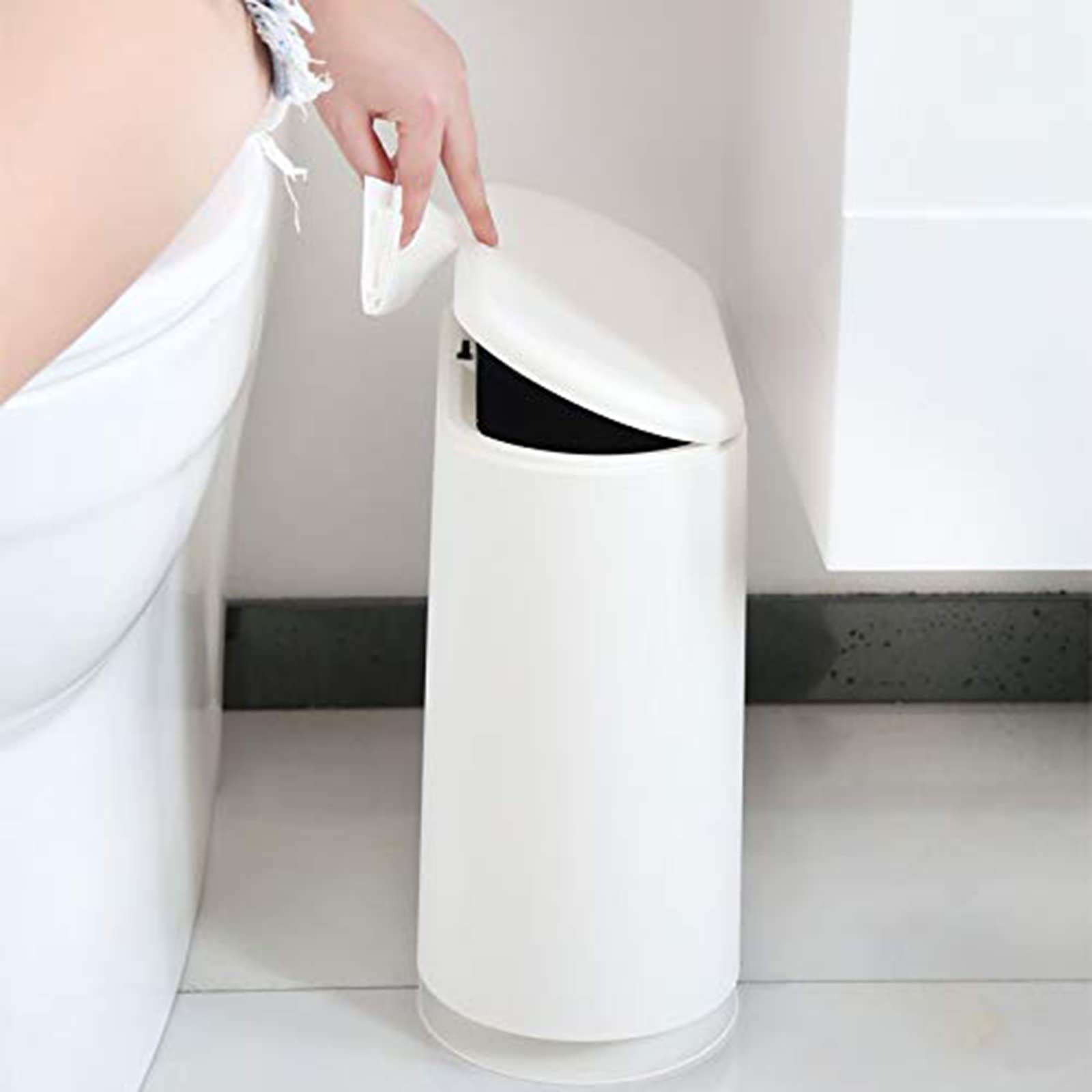 PENGKE 2.11 Gallon Slim Plastic Trash Can with Press-Top Lid, 8L Waste Basket with Removable Liner, Modern White Garbage Bin for Bathroom, Living Room & Bedroom - Perfect for Small Spaces & Home Office Organization