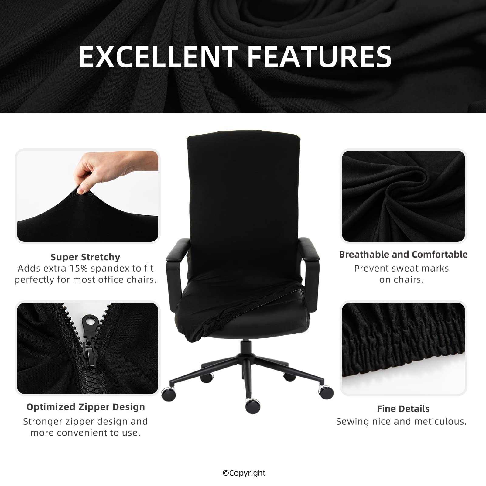 Waterproof Office Chair Cover with Heavy Duty Zipper - Stretchable Universal Desk Chair Protector - Soft Polyester Slipcover for Executive, Gaming & High Back Chairs - Perfect for Home Office, Conference Rooms & Workspaces (Black)
