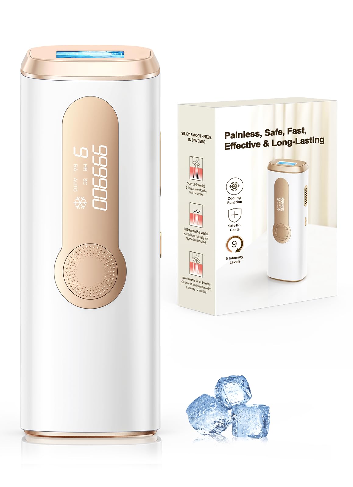 IPL Laser Hair Removal Device with Ice-Cooling System - Painless & Long-Lasting At-Home Hair Remover for Women & Men - Safe for Face, Legs, Arms, Bikini Line & Body - Perfect for Smooth Skin All Year Round
