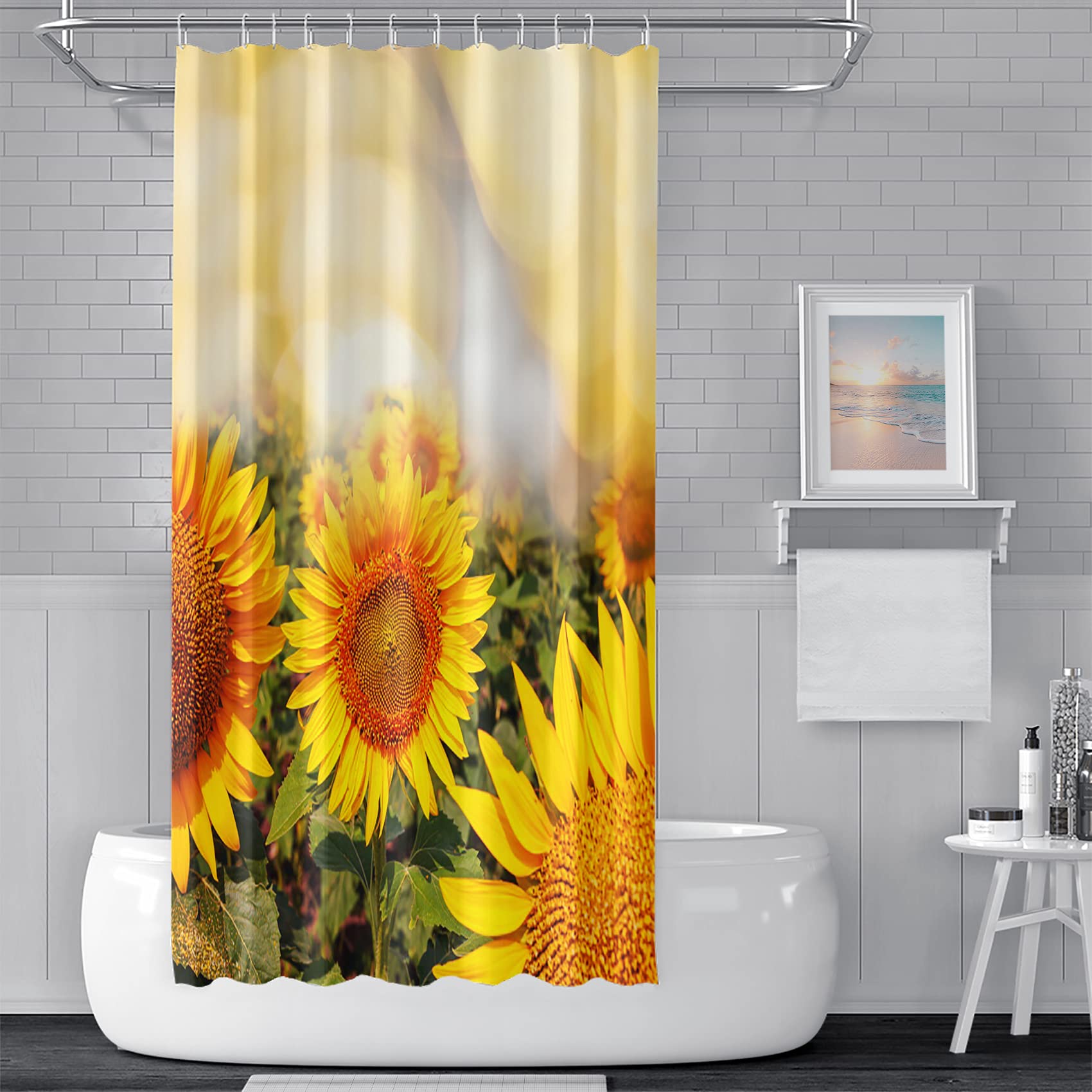 Yeele Sunflower Shower Curtain - Waterproof Polyester Bathroom Decor with 12 Hooks, 36x72 Inches - Nature Landscape Bokeh Design for Summer & Fall Harvest Festival - Perfect for Farmhouse, Rustic, or Boho Bathroom Decor