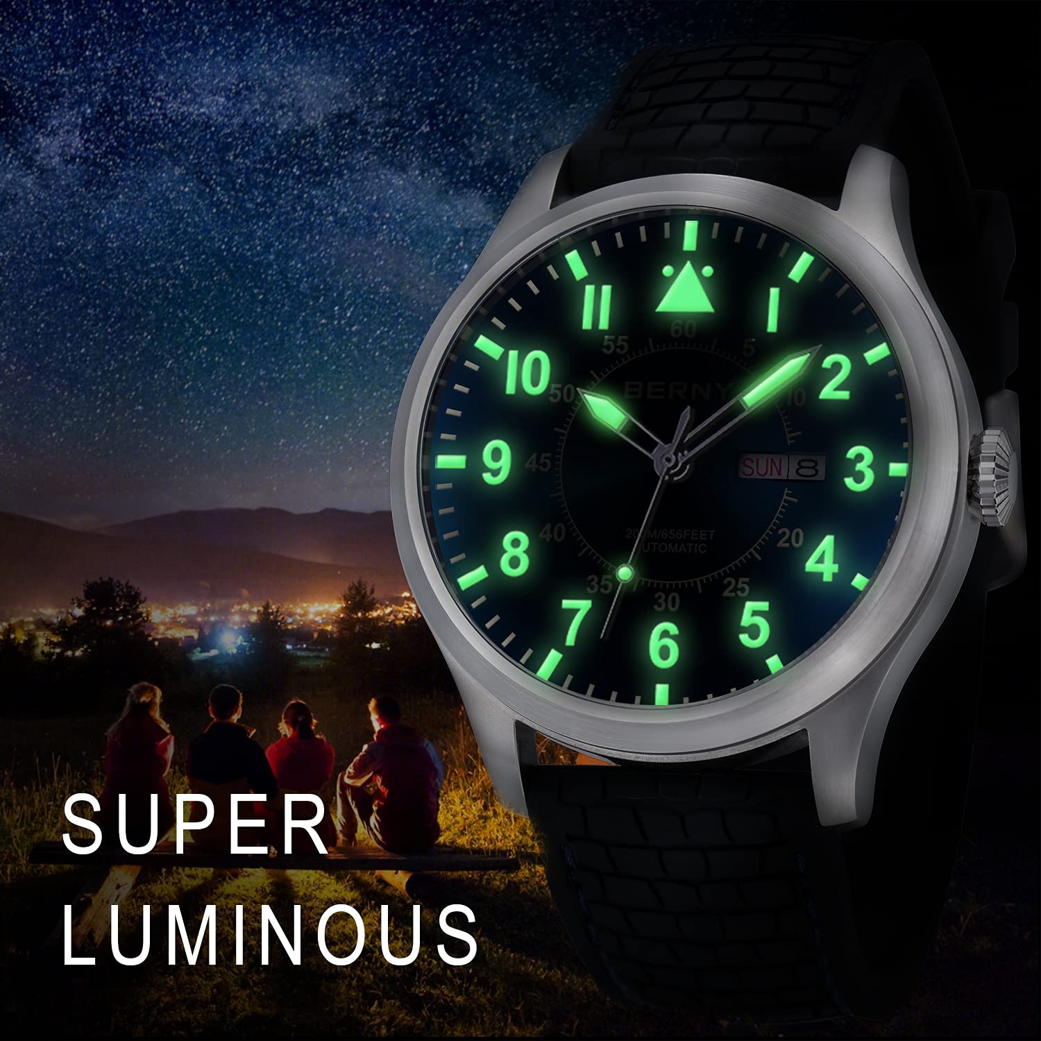 BERNY Men's Automatic Self-Winding Mechanical Watch - 20ATM Waterproof, Sapphire Crystal Glass, Super Luminous, Oversized Dial (No Battery Needed) - Perfect for Business, Diving & Outdoor Activities