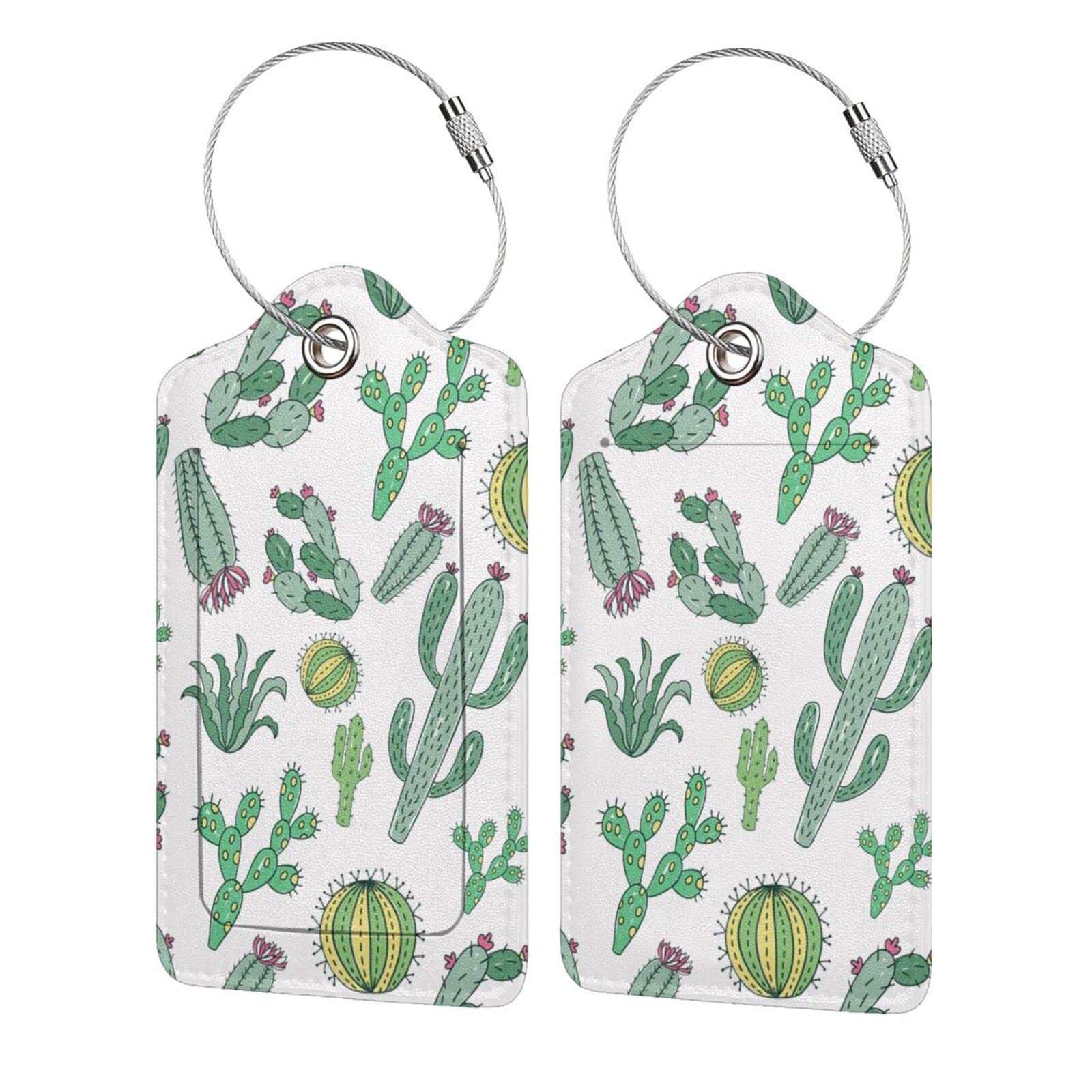2 Pack Stylish Cactus PU Leather Luggage Tags with Stainless Steel Loop - Durable Privacy ID Cover for Suitcases - Perfect Travel Accessories for Women, Men & Kids (Great for Air Travel, Cruise Trips & Vacation Gifts)
