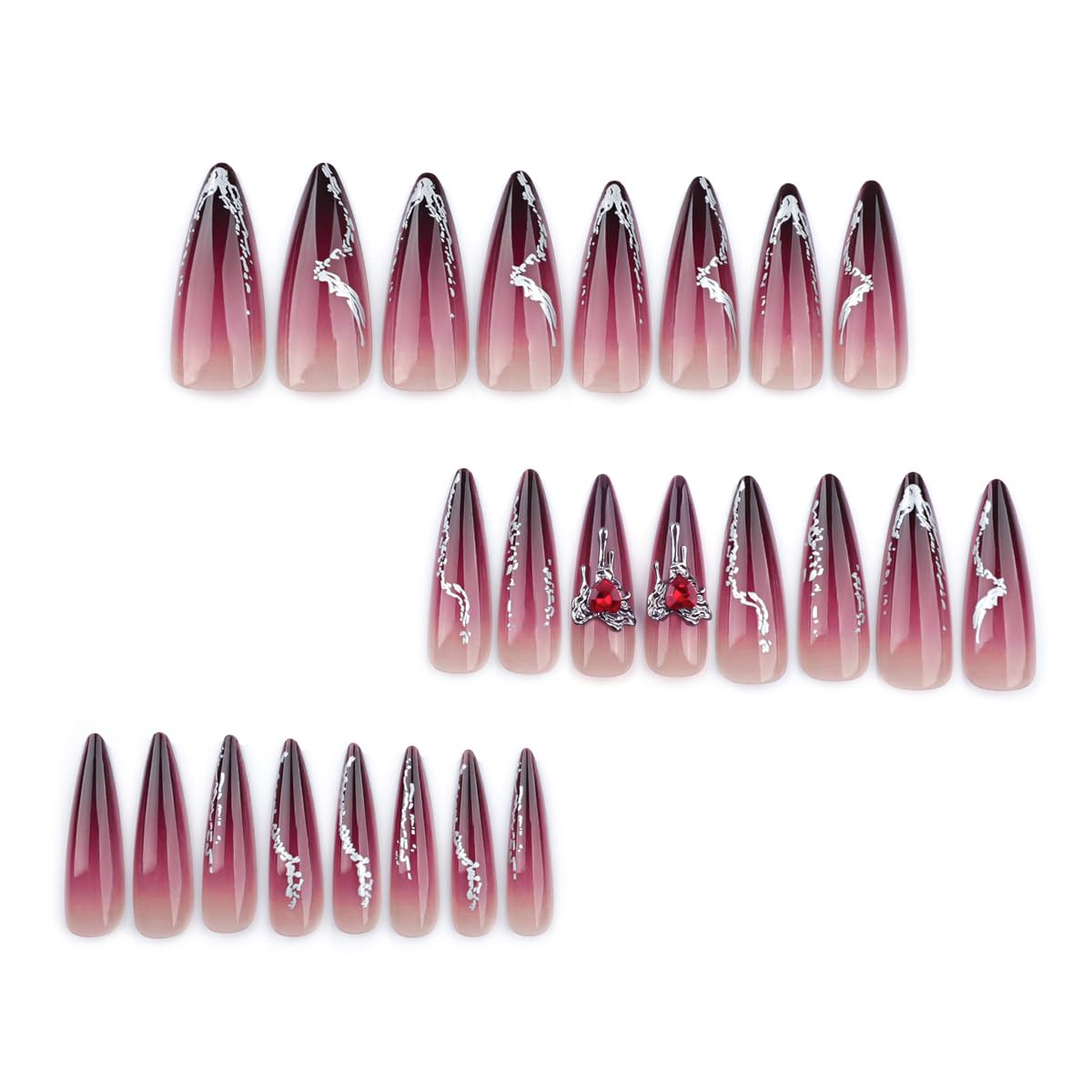 Red Stiletto Press on Nails with Heart Charms - 24PCS Long Ombre False Nails, Full Cover Glue on Artificial Nails for Women | Perfect for Valentine's Day, Date Night & Special Occasions