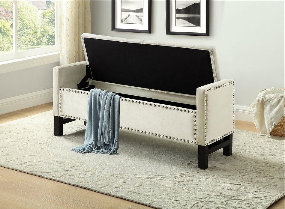 Luxury Velvet Storage Bench with Nailhead Trim - Cream Upholstered Entryway Seat for Living Room, Bedroom & Hallway Organization
