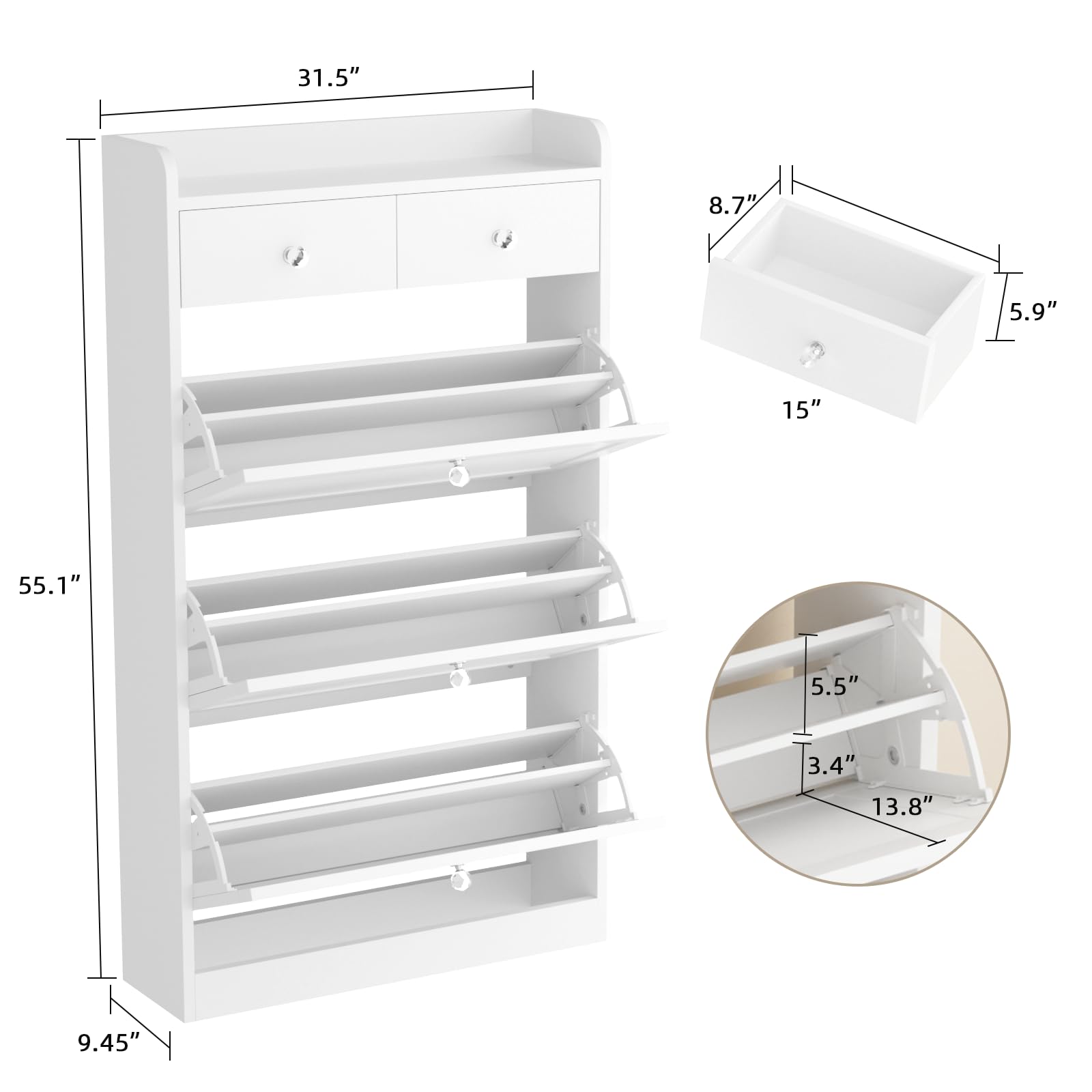VOWNER 3-Tier Shoe Storage Cabinet with Flip Drawers & Adjustable Shelves - Freestanding Entryway Organizer for Shoes, Boots & Accessories - Perfect for Hallway, Living Room & Closet Organization (White)