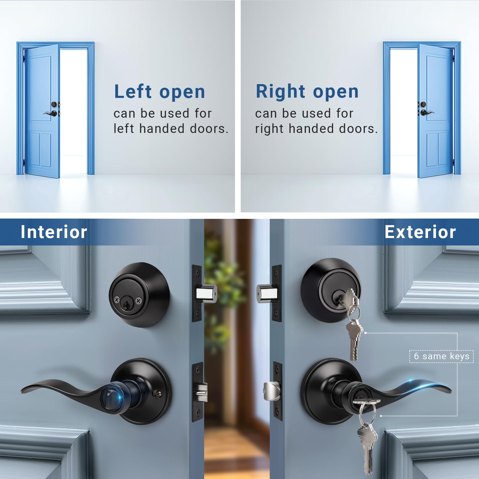 Keyed Alike Door Handle & Deadbolt Set - Matte Black Zinc Alloy for Home Security
