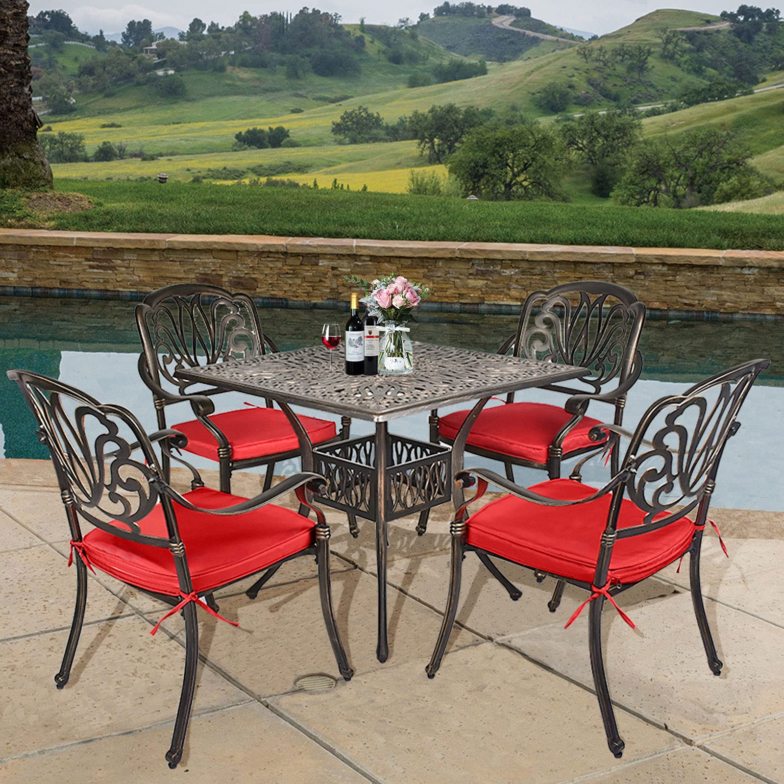 TITIMO 5-Piece Cast Aluminum Outdoor Patio Dining Set with Cushions - 35.4