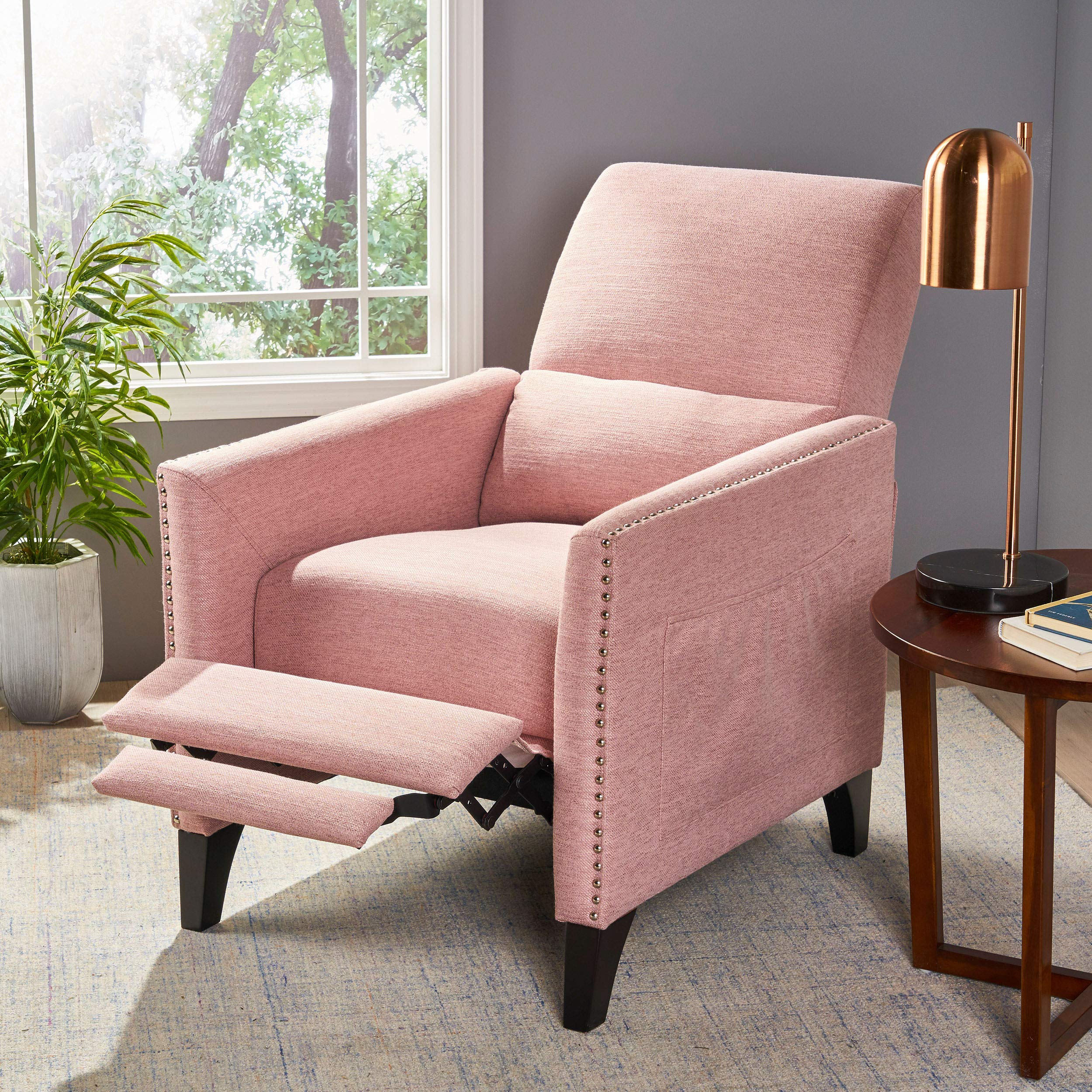 Christopher Knight Home Alexis Contemporary Fabric Push Back Recliner - Light Blush & Dark Brown - Modern Living Room Furniture for Relaxing & Lounging