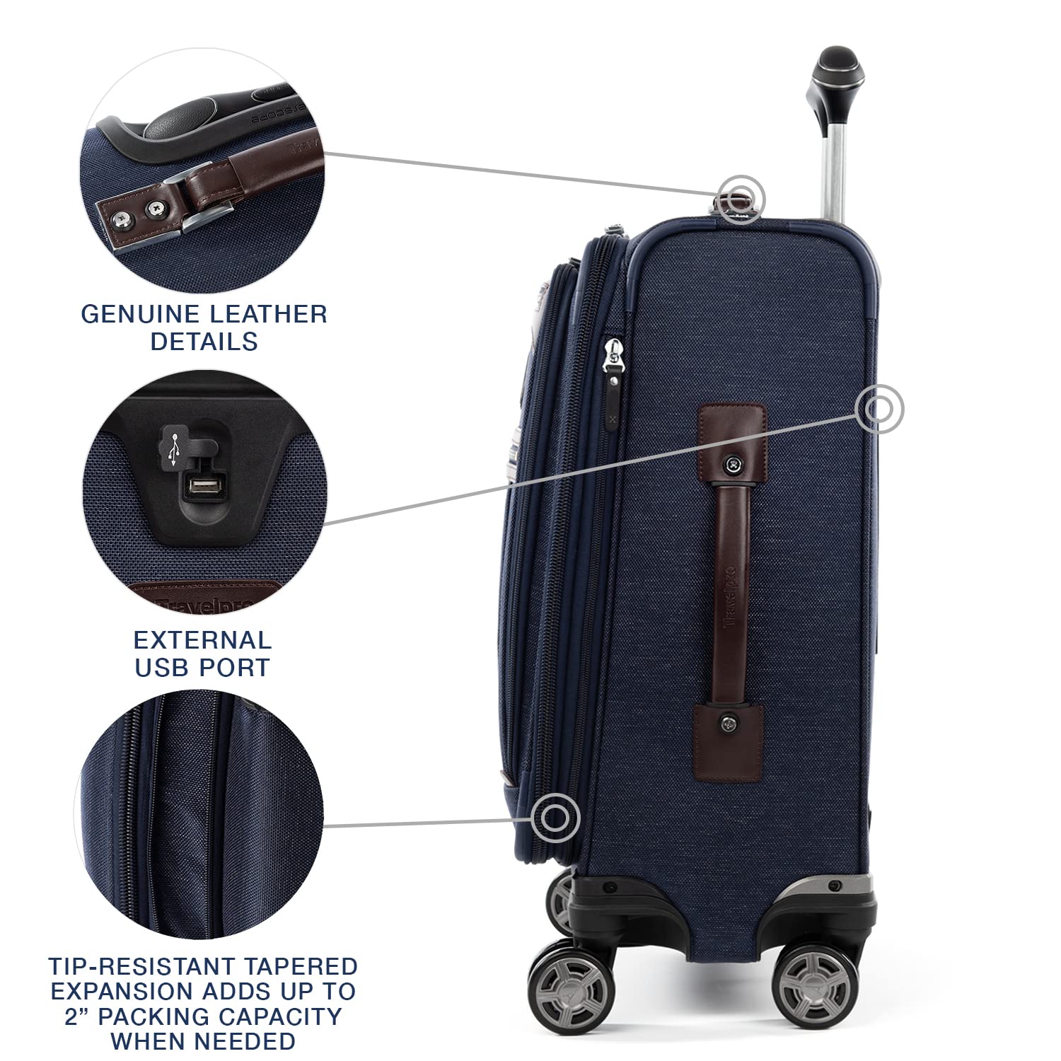 Travelpro Platinum Elite Expandable 20-Inch Carry-On Luggage with 8 Spinner Wheels, USB Port & Laptop/Tablet Sleeves - Navy Blue Suitcase for Men & Women | Perfect for Business Trips & Weekend Getaways