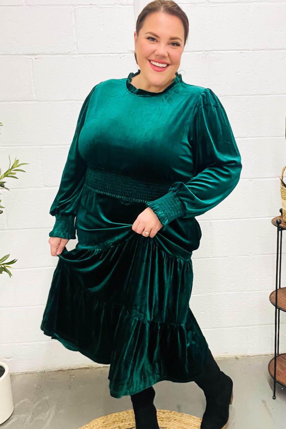 Holiday Dreaming Hunter Green Velvet Mock Neck Smocked Waist Dress for Women - Elegant Holiday Party & Christmas Dinner Outfit