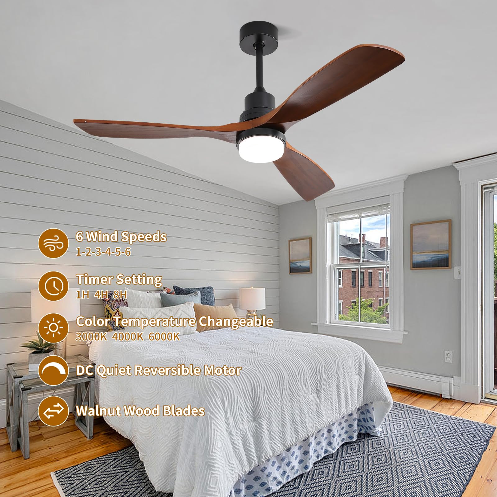 52 Inch Walnut Ceiling Fan with Light and Remote Control - 3 Wooden Blades, Dimmable 3-Color LED Light, 6-Speed DC Reversible Silent Motor for Living Room, Bedroom, and Office