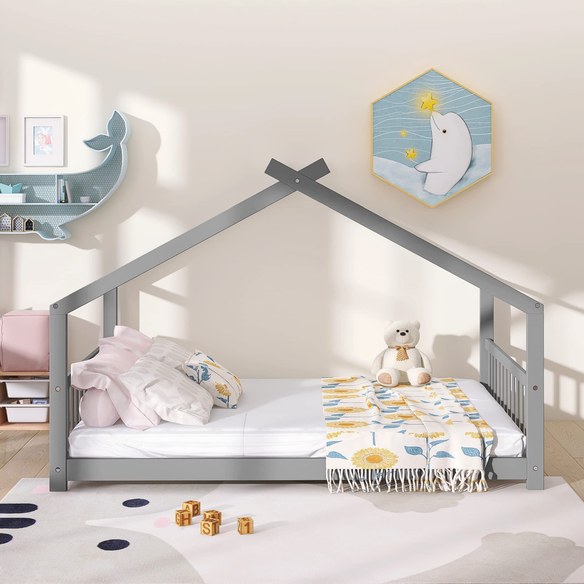 Full Size House Bed for Kids - Wooden Bed Frame with Headboard & Footboard, No Box Spring Needed - Perfect for Girls & Boys Bedroom Furniture (Grey) - Ideal for Playrooms, Kids' Bedrooms & Cozy Sleepovers
