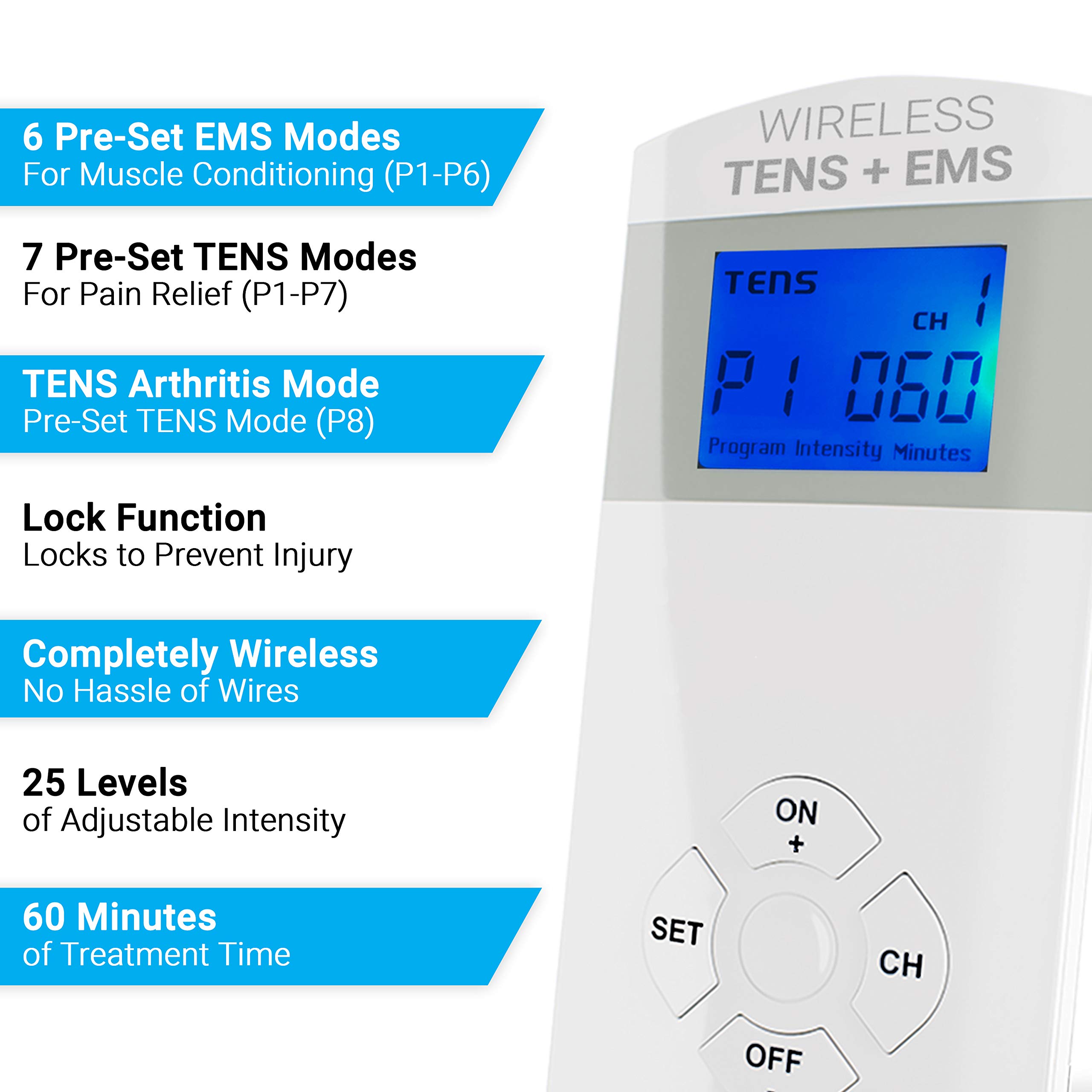 iReliev Wireless TENS + EMS Therapy Device - Pain Relief & Muscle Stimulator for Arthritis, Back Pain, Sore Muscles - Portable Wearable System with 4 Receiver Pods & Case - Perfect for Home Use, Workouts, and Post-Surgery Recovery