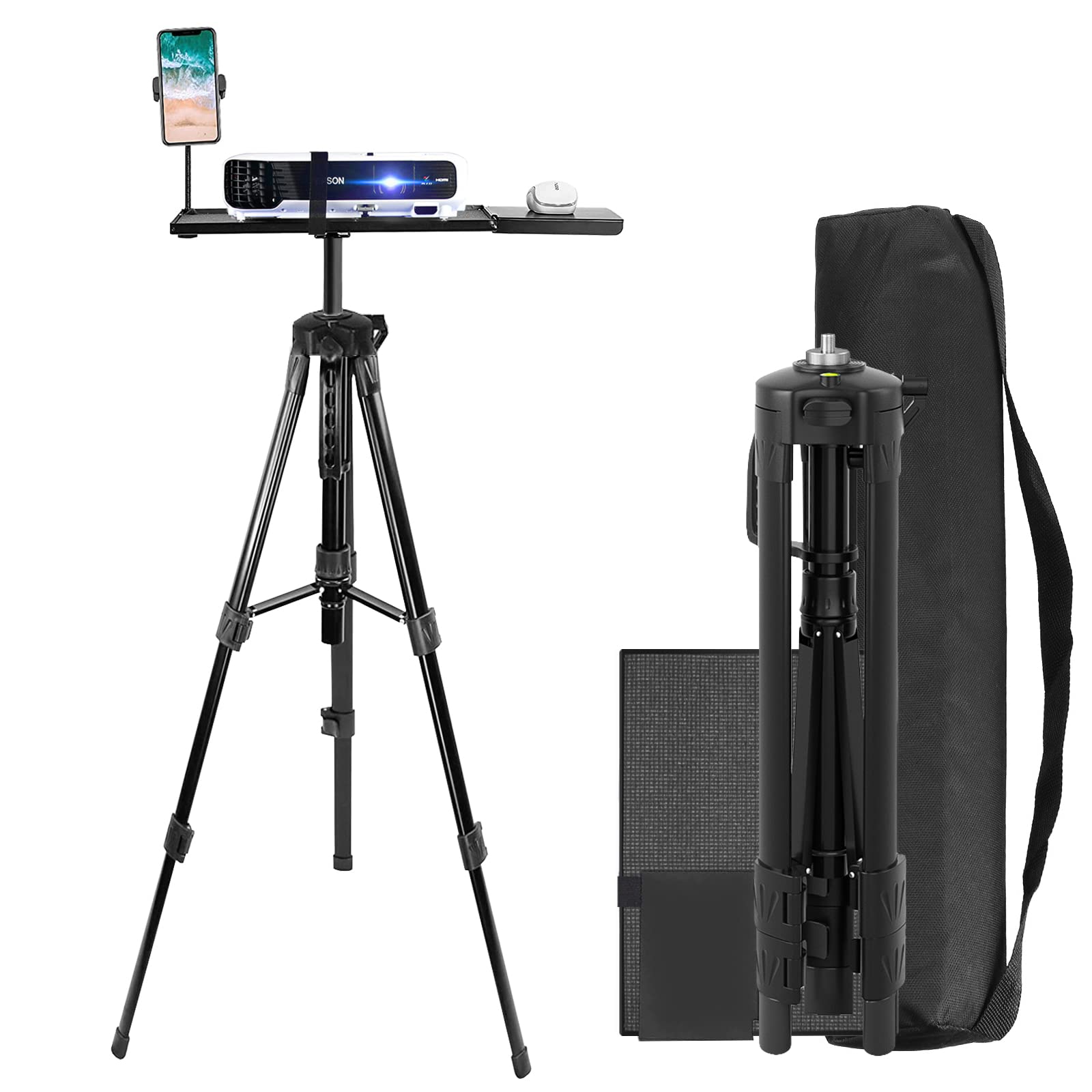 Adjustable Height Projector Tripod Stand with Tray - Universal Laptop Holder for DJ, Office & Home Use - Black Floor Standing Desk for Presentations & Streaming