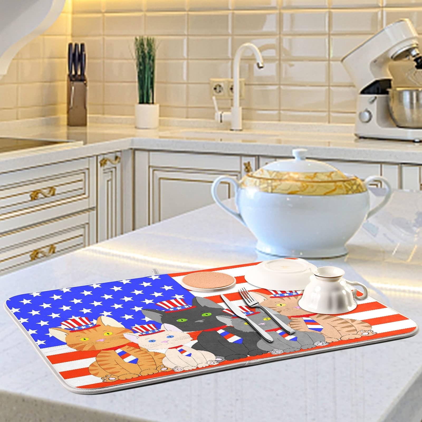 Susiyo Patriotic Flag Kittens Cats Dish Drying Mat - 18x24 Inch Absorbent Kitchen Countertop Drainer Pad for Dishes, Cups, and Utensils