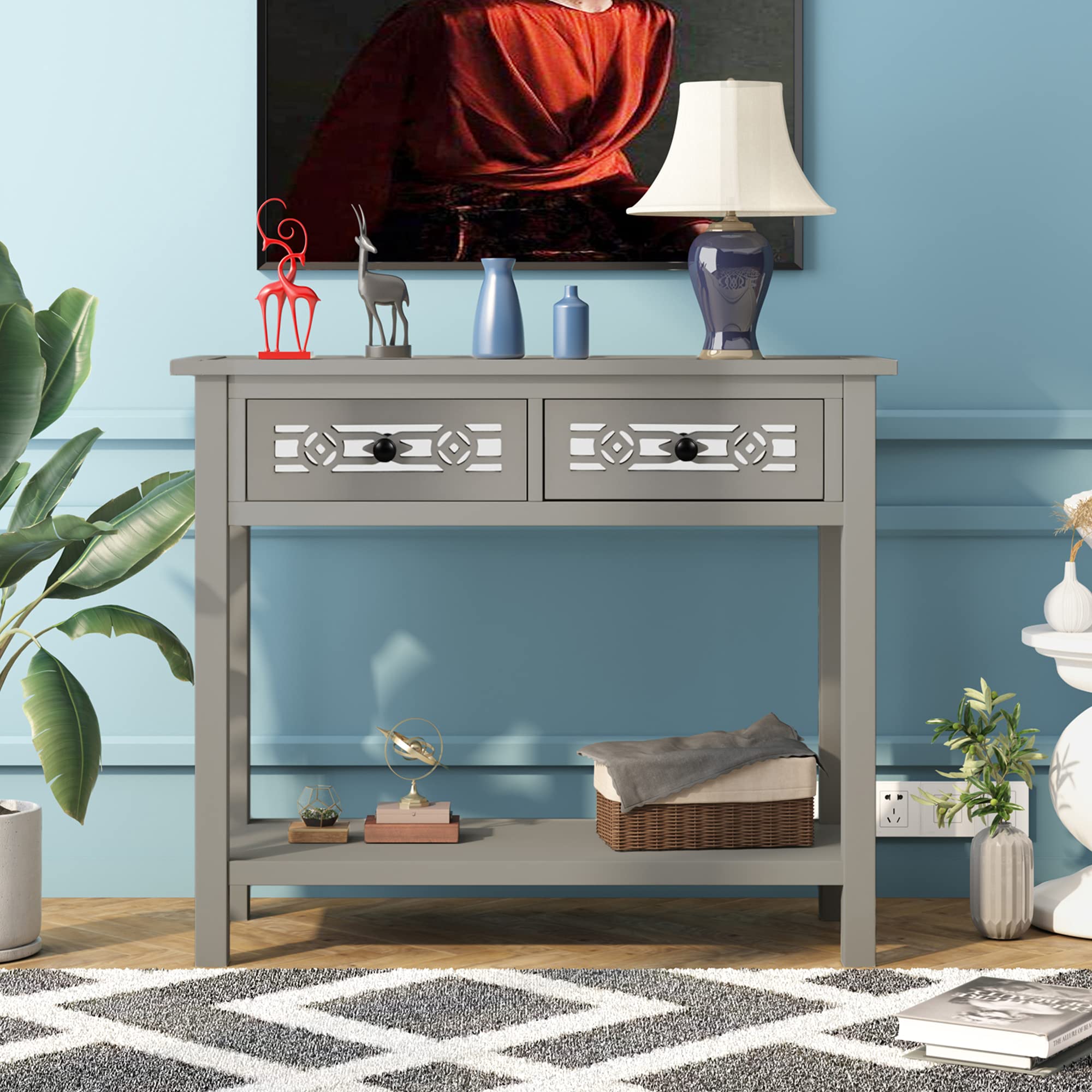 Vintage Wood Console Table with Hollow-Out Design - 35