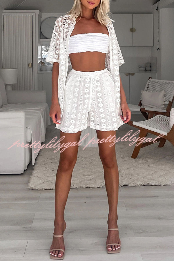 Floral Lace Short Sleeve Loose Blouse - Women's Summer Boho Top for Beach, Vacation & Casual Outings