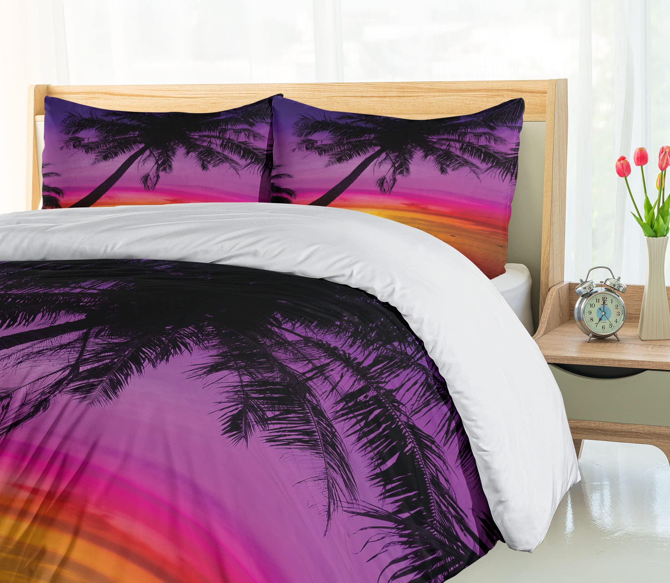 Ambesonne Tropical Duvet Cover Set - Palm Tree Beach Sunset Design, 2-Piece Twin Size Bedding with Pillow Sham in Purple, Orange & Black | Perfect for Summer Travel Themed Bedrooms & Coastal Home Decor