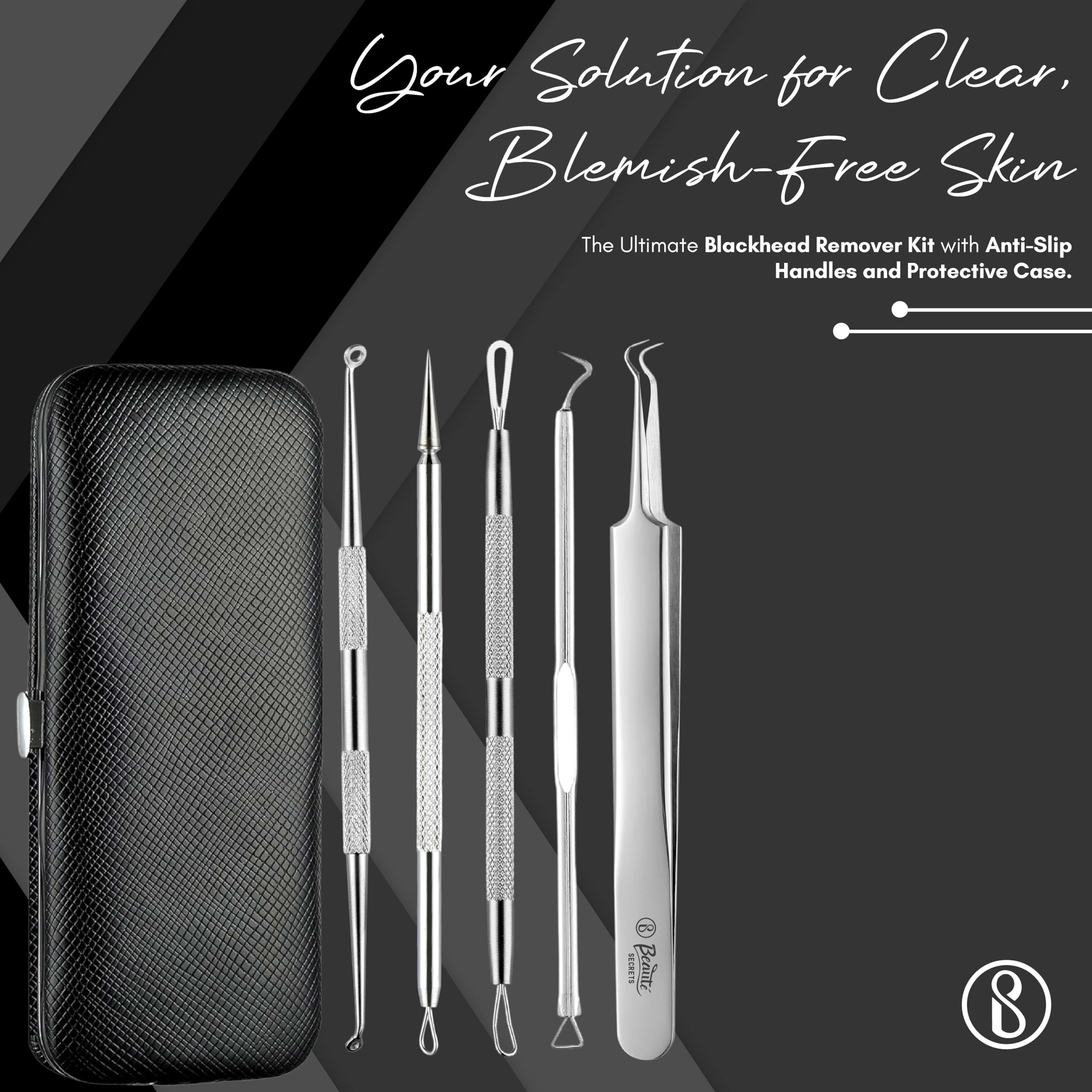 Professional Stainless Steel Blackhead Remover Kit for Men & Women - 5-Piece Acne Extraction Tools with Anti-Slip Handle & Storage Case - Facial & Back Blackhead Removal for Clear Skin - Perfect for Home Spa & Skincare Routine