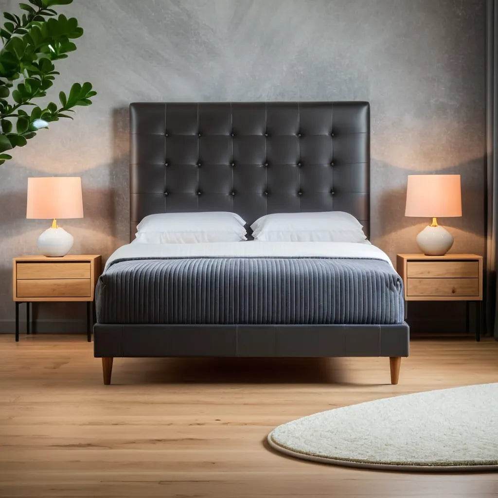 Stylish Mancini Faux Leather Bed Frame - Queen Size Upholstered Platform Bed with Wooden Slats | Perfect for Modern Bedrooms, Guest Rooms & Master Suites